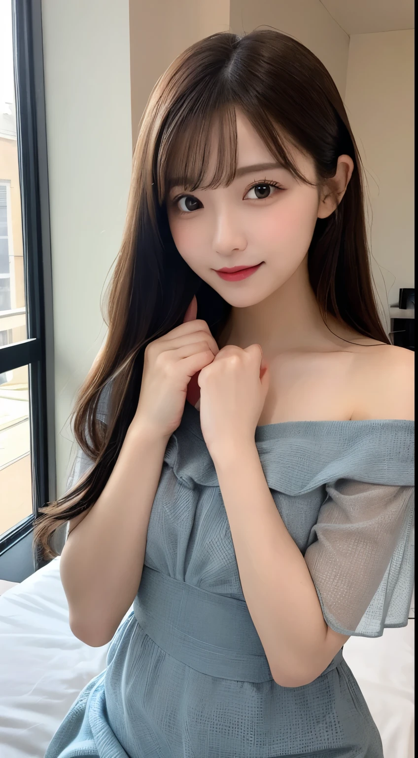 Tabletop, highest quality, shape, Very detailed, finely, High resolution, 8k wallpaper, 完璧なダイナミックな構shape, Beautiful and exquisite, Nice spring clothes,Beautiful straight hair,Small breasts,Natural color lip, 20-year-old girl、cute、sexy shot looking at camera,Always blur the background,Perfect and beautiful face、Slim face and figure,Big eyes、Putting on gal makeup,Actual Photos（Best image quality）、Sexy Face、Fashion magazine model pose、A shy smile、Change pose randomly、Randomly change the shooting angle and position、Sheer off-shoulder dress