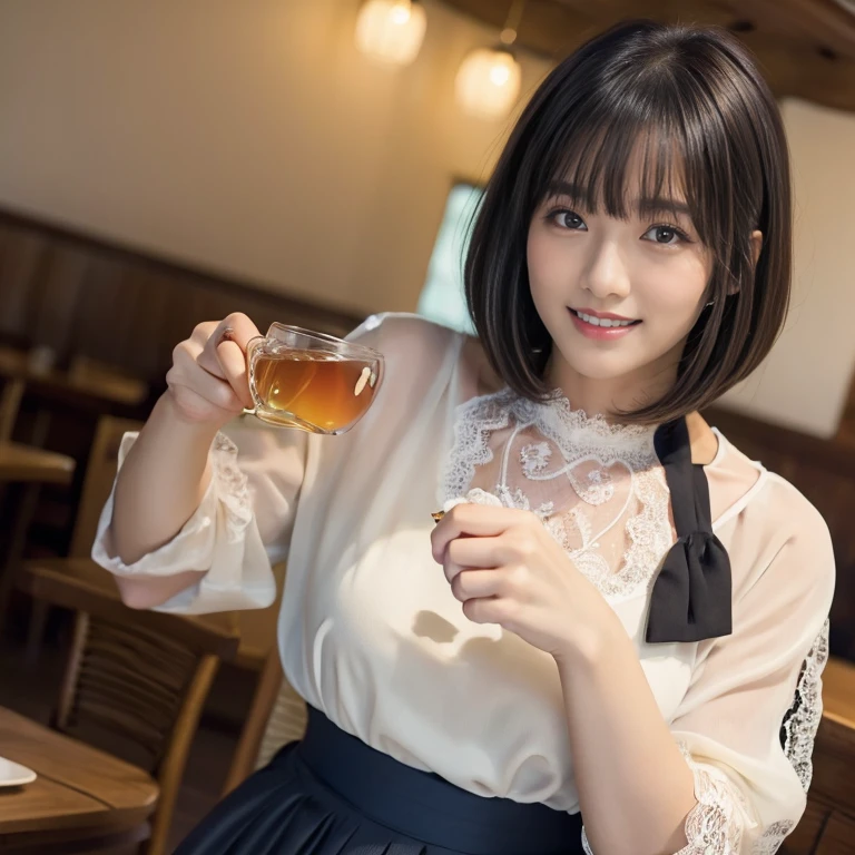 (Sensual look:1.9), ((Full Body Shot:1.9 highest quality)), (panorama:1.8), Cinema Lighting, (RAW Photos, highest quality), ( Realistic:1.4), realism, masterpiece, Very delicate and beautiful, Very detailed, 4K wallpaper, wonderful, finely, Very detailed CG unity 8k wallpaper, Very detailed, High resolution, Soft Light, Japanese, (one shot:1.9), (26 years old:1.6), Beautiful detailed woman,Famous Japanese actresses, ((Round face:1.2)), (Fat:0.8), Detailed face,Very detailed eyes and face, finelyて美しい目, (Straight Bob Hair:1.4), Shiny Hair, Brown Hair, (bangs:1.4), (Smiling:1.2), Natural Makeup, (Small breasts:0.8), Beautiful detailed girl, Very detailedな目と顔, Beautifully detailed nose, finelyて美しい目, Long, slender legs, (Lace blouse:1.4), (Long skirt:1.3), (Drinking tea at an open cafe:1.4),