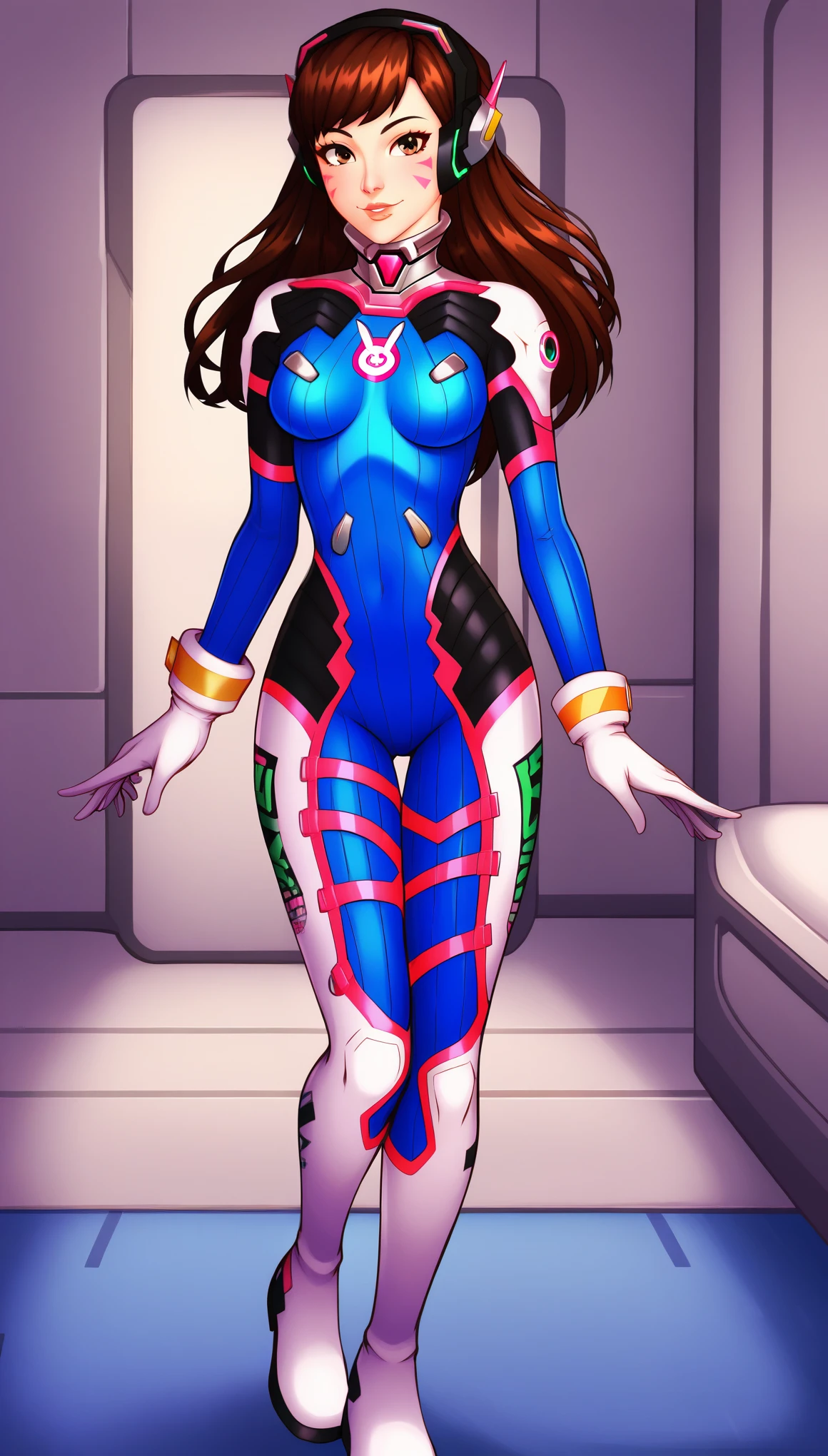 DVaOWXL, brown eyes, brown hair, long hair, swept bangs, headphones, facial mark, whisker markins, medium breasts, high collar, blue bodysuit, pilot suit, animal print, white gloves, white boots, solo, standing, looking at viewer, indoors