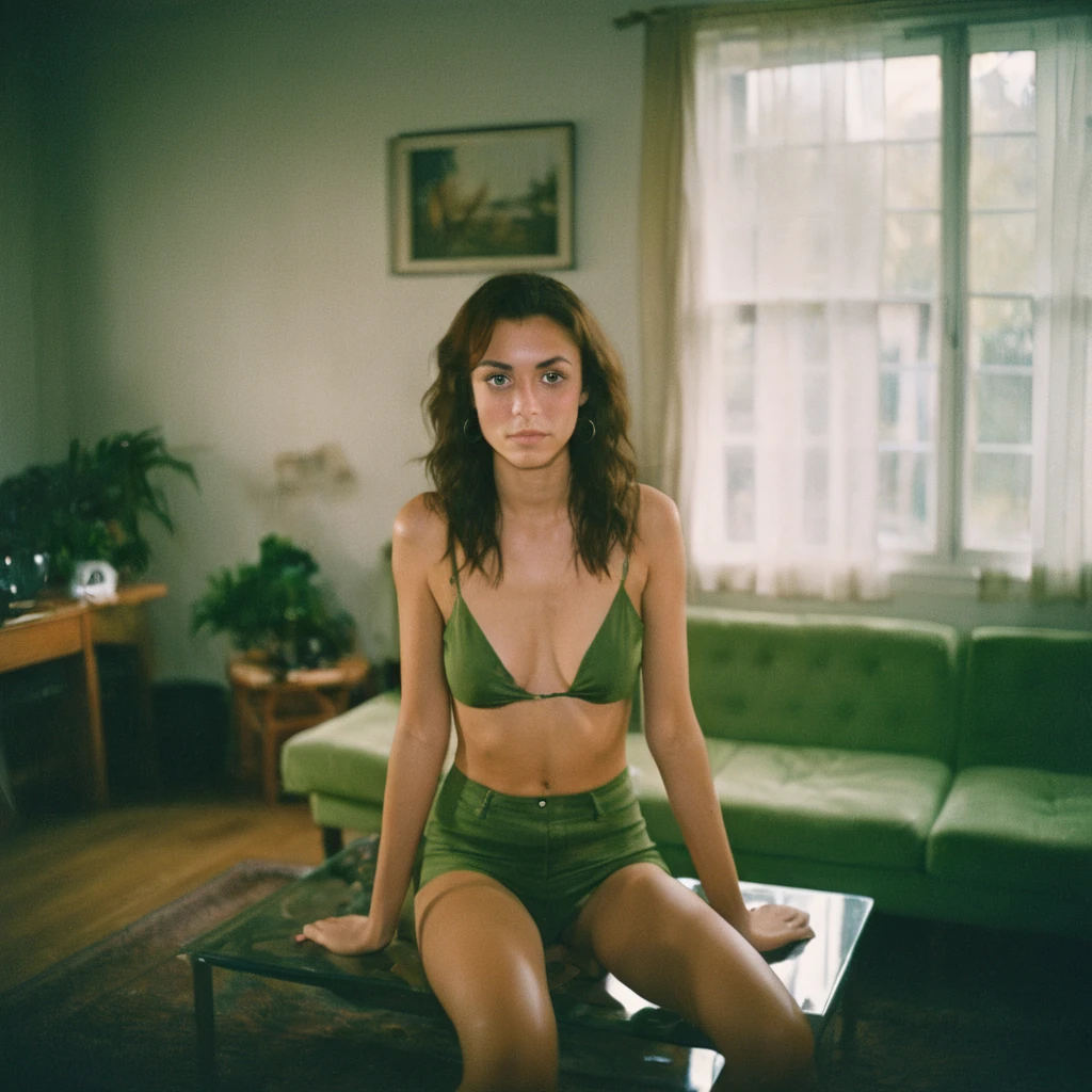 analog style, photo of a beautiful young woman, taken with an Asahi reflex 35 mm , who looks at you in a sensual way with two beautiful green eyes She is naked and the image was taken in far back, full body in, standing in sitting room
,analog, AnalogRedmAF,