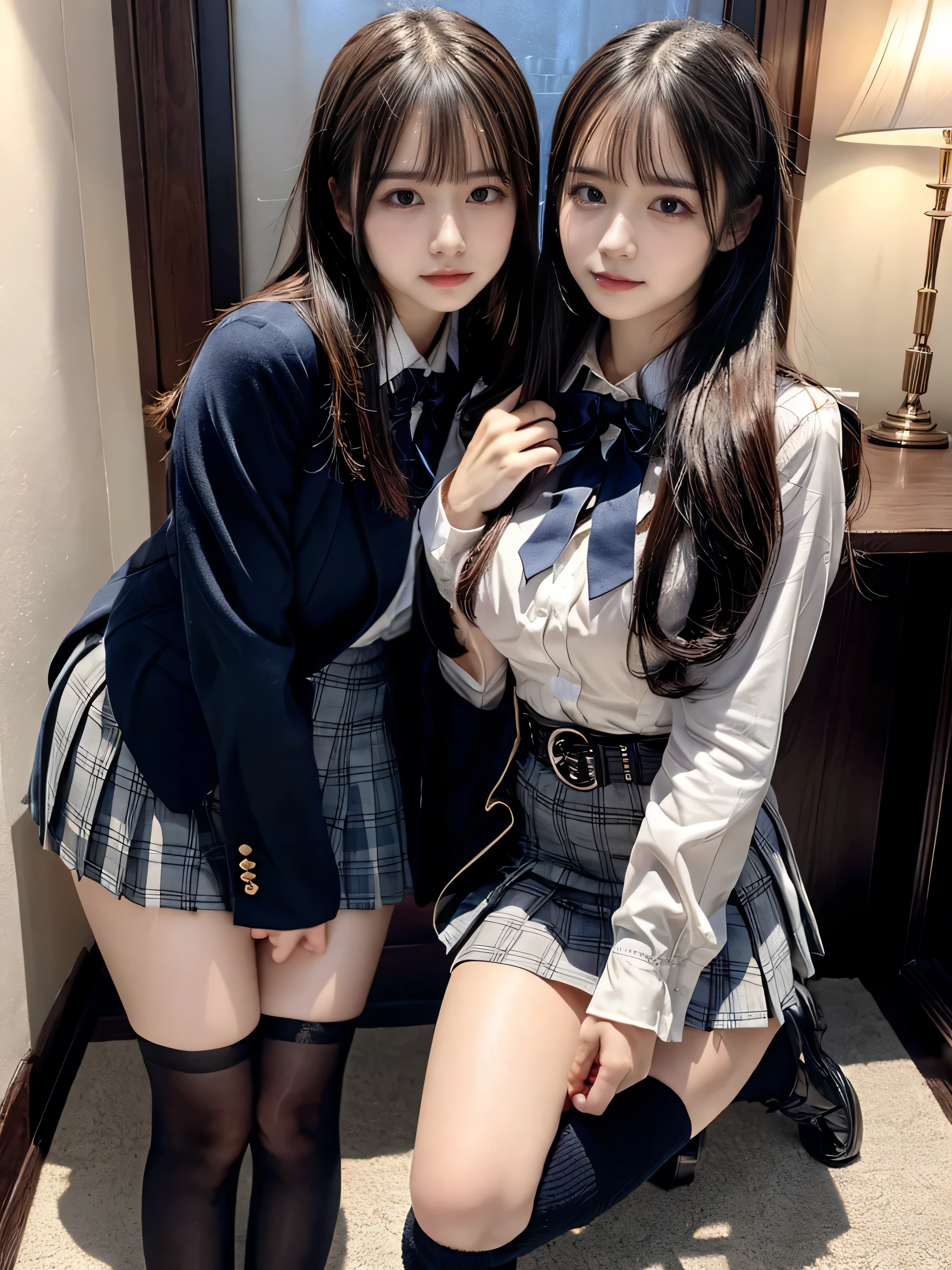 (8K, Raw photography, top-quality, masterpiece:1.2), muster piece, best quality, illustration, Super detailed, fine details, High resolution, 8K,wall paper, perfect dynamic composition,(Details High quality, realistic depiction of eyes:1.3), ((2 girls, 2 schoolgirls)), The background is a luxury hotel room、High school girl uniform、blazer 、Super Short Check Uniform Skirt、Navy blue high socks、garterbelts、Colossal tits、Disturbed uniform, Play with each other,Touching each other's bodies,Touching the body of the girl next door, short bob hair, black hair color, huge breasts, Big Natural Color Lip, bold sexy pose, (perfect body shape), crying a little、cold gaze, Beautiful makeup,glitter makeup,Cutest 18 years old、 beautiful legs, hposing Gravure Idol, Voluptuous thighs