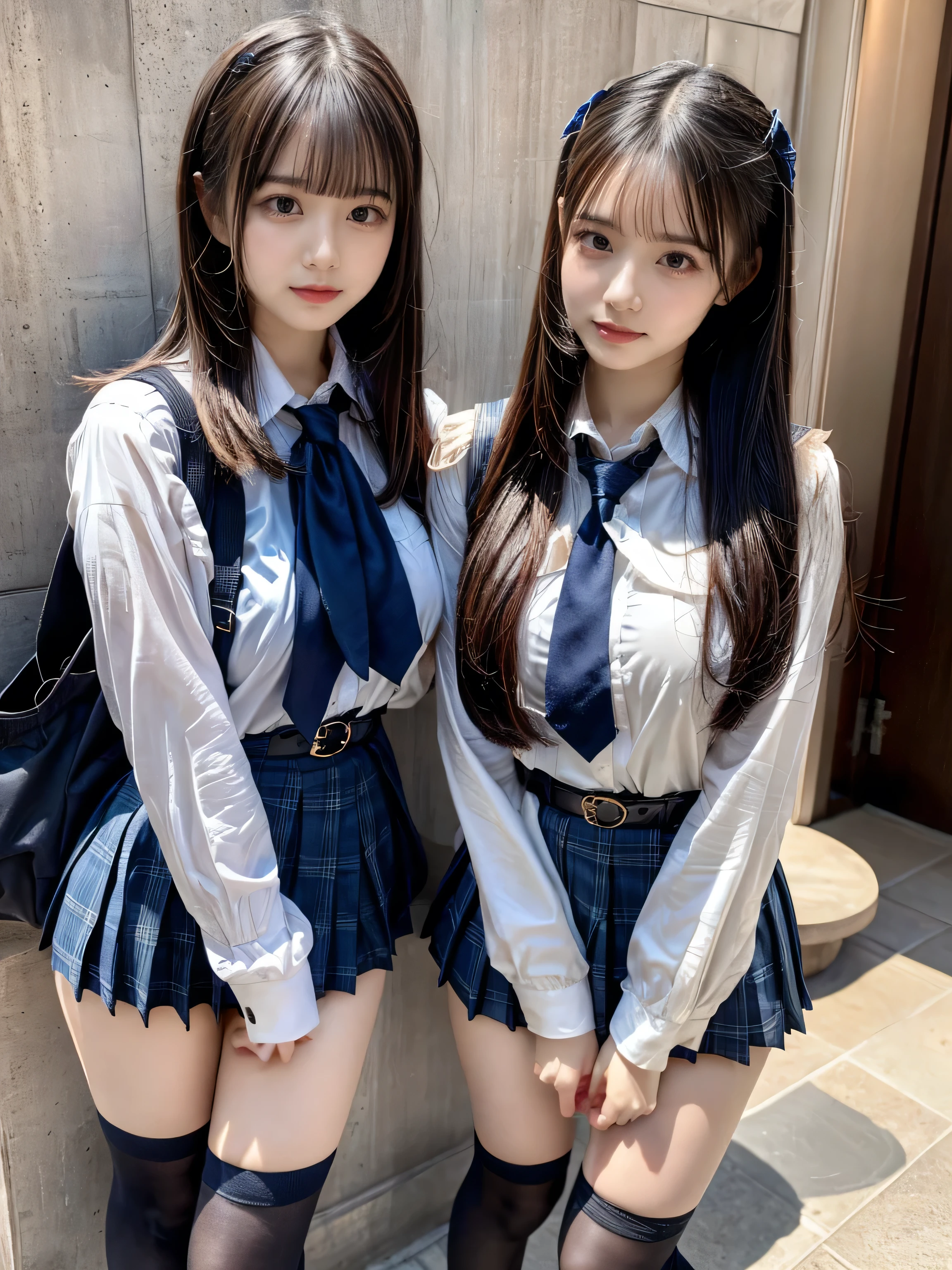 (8K, Raw photography, top-quality, masterpiece:1.2), muster piece, best quality, illustration, Super detailed, fine details, High resolution, 8K,wall paper, perfect dynamic composition,(Details High quality, realistic depiction of eyes:1.3), ((2 girls, 2 girls)), The background is a luxury hotel room、High school girl uniform、blazer 、Super Short Check Uniform Skirt、Navy blue high socks、garterbelts、Colossal tits、Disturbed uniform, Play with each other,Touching each other's bodies,Touching the body of the girl next door, short bob hair, black hair color, huge breasts, Big Natural Color Lip, bold sexy pose, (perfect body shape), crying a little、cold gaze, Beautiful makeup,glitter makeup,Cutest 18 years old、 beautiful legs, hposing Gravure Idol, Voluptuous thighs
