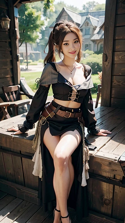 masterpiece, highest quality, Realistic, Very detailed, Finer details, High resolution, 8k wallpaper, One beautiful woman, female pirate cosplay costume,The pirate ship Black Pearl during the day, Light brown ponytail hair, Perfect dynamic composition,(Throw a kiss), Beautiful and beautiful eyes,,Smile and laugh,Full Body Shot:1.3,Ample breasts,Smile and laugh,Smile and laugh,