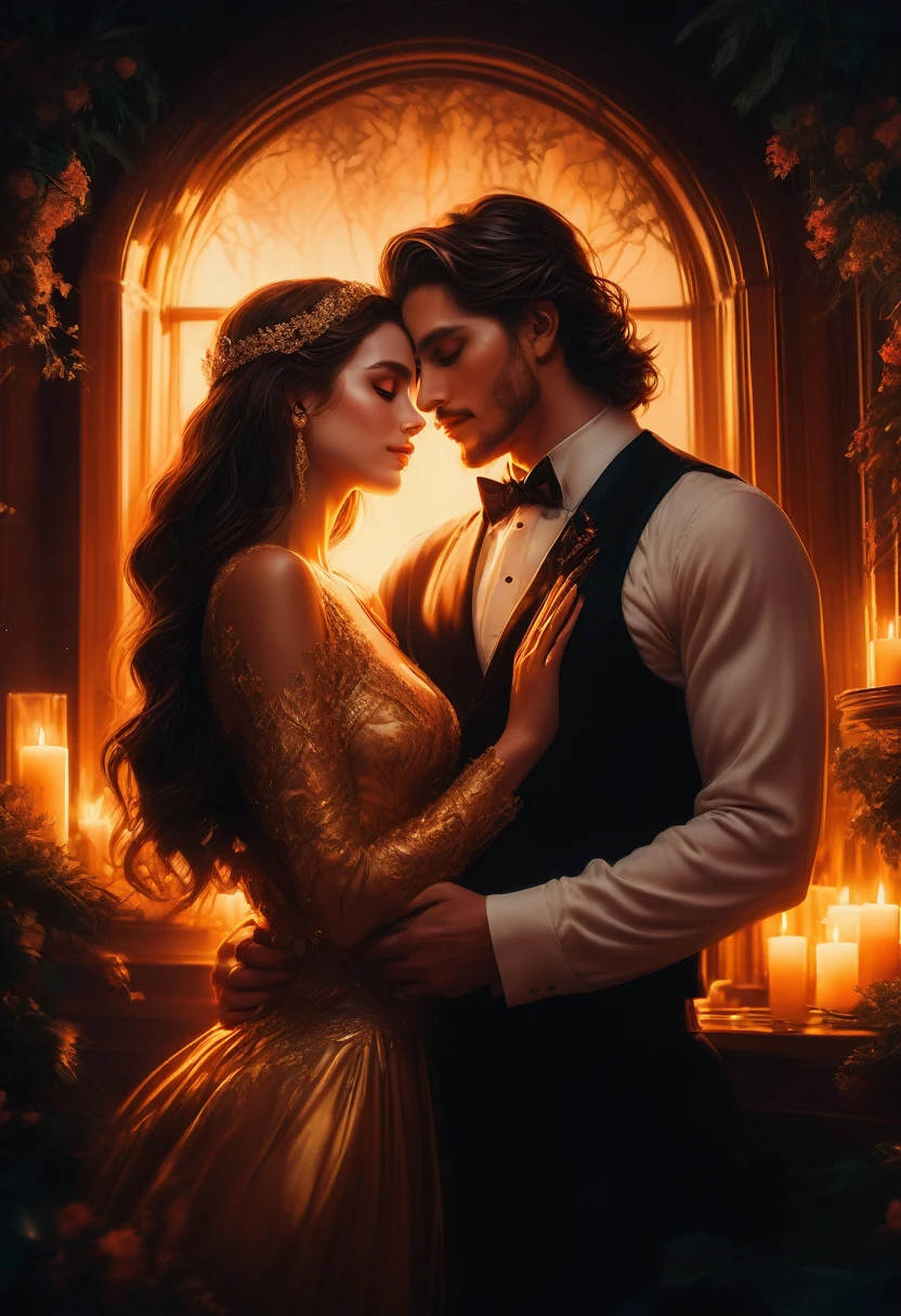 Couple Photo, aesthetic, a romantic couple, beautiful detailed eyes, beautiful detailed lips, extremely detailed face, long eyelashes, intimate embrace, affectionate lovers, romantic date, soft lighting, candlelight, warm colors, golden hour, cinematic, professional, photorealistic, 8k, high quality, masterpiece