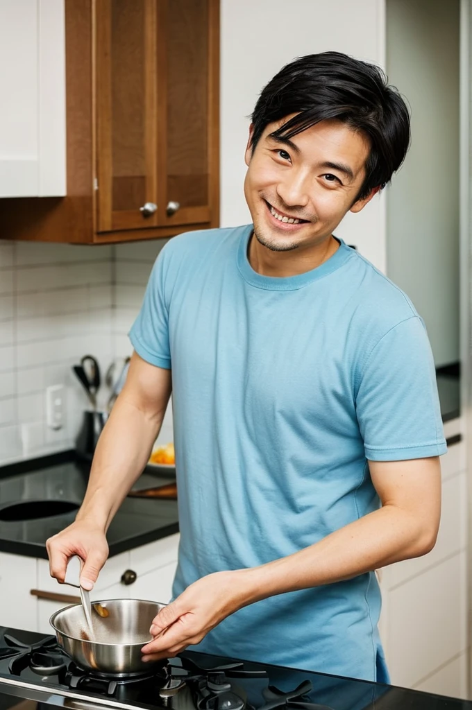 A Japanese man in his 30s cooking at the counter in his home kitchen,Looking at me with a smile