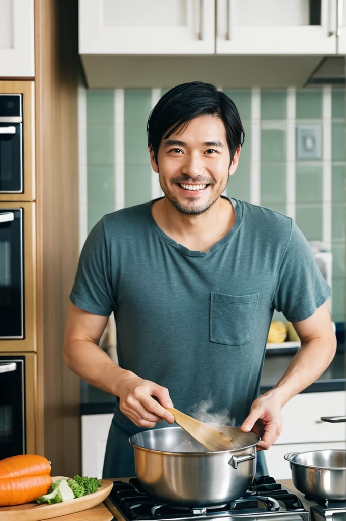 A Japanese man in his 30s cooking at the counter in his home kitchen,Looking at me with a smile