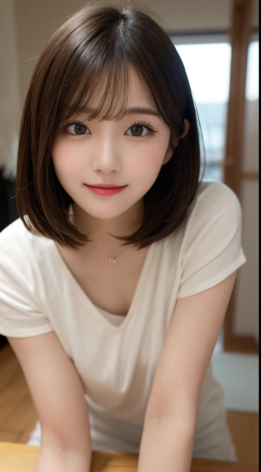 Tabletop, highest quality, shape, Very detailed, finely, High resolution, 8k wallpaper, 完璧なダイナミックな構shape, Beautiful and exquisite,ランダムなcute髪,,Natural color lip, Bold sexy pose,smile、20-year-old girl、cute、Looking into the camera,Always blur the background,Perfect and beautiful face,Slim face and figure,Big eyes、Putting on gal makeup,Small face,Shooting from below、Blurred Background,Elegant feminine face、smile、Actual Photos、Change pose randomly、Randomly change the shooting angle and position、White