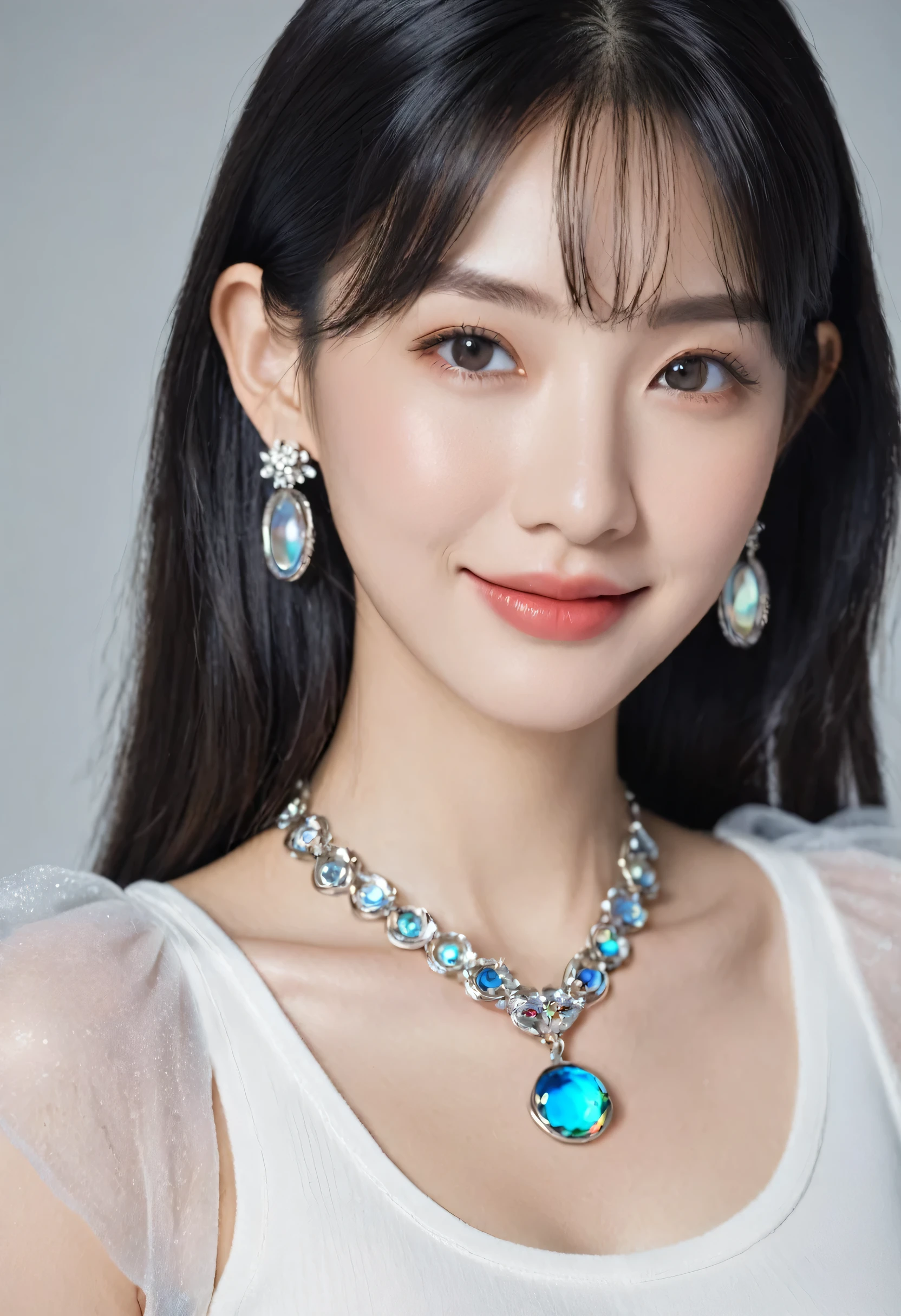 (Canon RF85mm f/1.2,best quality,Reality:1.4,Light),Texture,Shiny),(necklace,earrings),Smile,Dynamic poses，((representative work))((best quality))，80s DBA style，girl，single，long hair，looking at the audience，Bangs，Bare shoulders，shut your mouth，Upper Body，Ponytail，Black Hair，Lips，Colorful clothes，Transparent clothes，Science fiction，Cyberpun overcomes，Shiny gold Light clothing