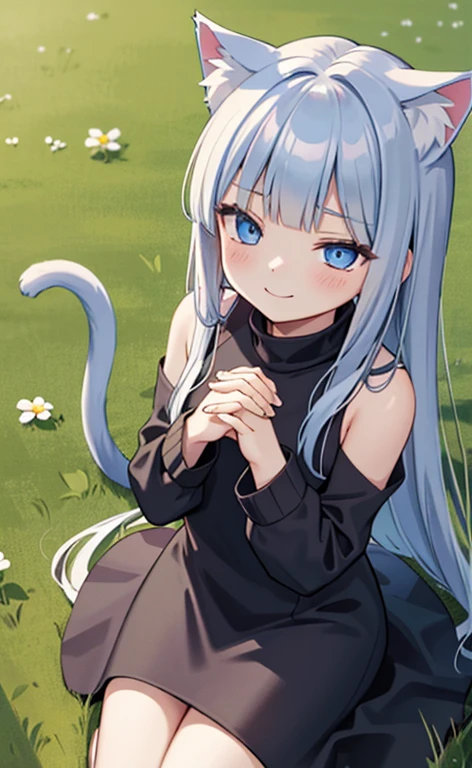 (masterpiece:1.4、top-quality、illustration)、(character focus、,cowboy shot:1.3)、(from above:1.4),(1girl),(forced smile:1.3),(Beautiful eyes:1.4),cute face,blue eyes、(tareme:1.3)、(cat ears,cat tails),
),(kneeling:1.4),、(own hands clasped:1.4),(closed eyes),
(blue grey hair),(long hair:1.5)、
,(meadow:1.3),(sleeveless turtleneck dress:1.5),
(blunt bangs),(sidelocks:1.3), (small breasts)、
、slender、
