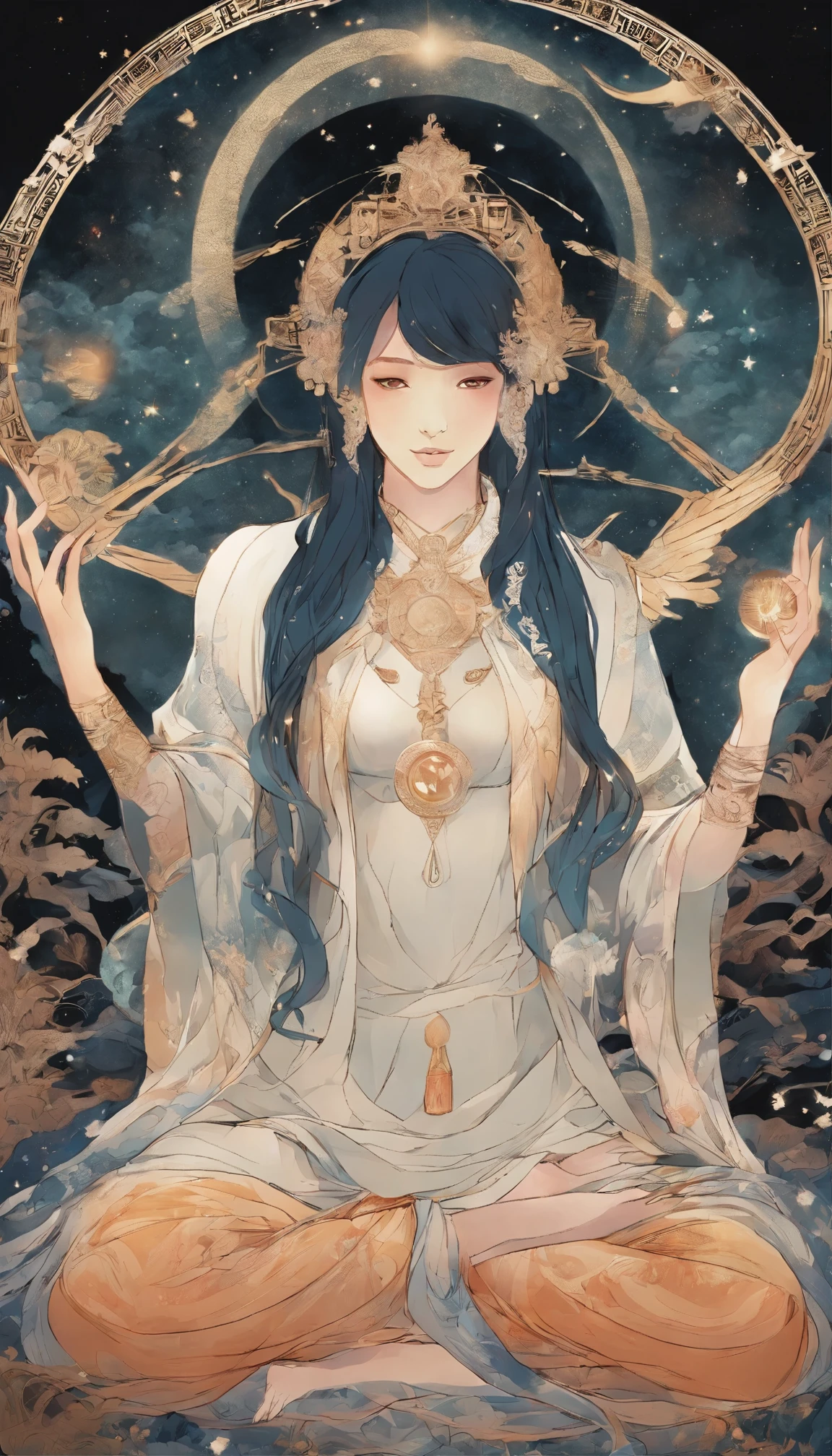a woman sitting in a circle with a crescent and a crescent, digital art by Yang J, Artstation contest winner, fantasy art, a beautiful sorceress, beautiful sorceress, beautiful celestial mage, elfic priestess, moon goddess, fantasy art style, elven spirit meditating in space, maya ali sorceress, lunar goddess