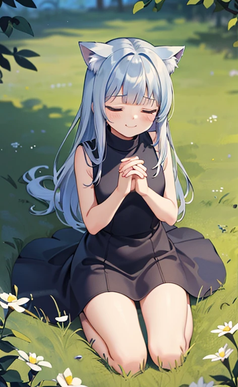 (masterpiece:1.4、top-quality、illustration)、(character focus、,cowboy shot:1.3)、(from above:1.4),(1girl),(forced smile:1.3),(Beautiful eyes:1.4),cute face,blue eyes、(tareme:1.3)、(cat ears,cat tails),
),(kneeling:1.4),、(own hands clasped:1.4),(closed eyes:1.4),
(blue grey hair),(long hair:1.5)、
,(meadow:1.3),（sleeveless turtleneck dress:1.5),
(blunt bangs),(sidelocks:1.3), (small breasts)、
、slender、