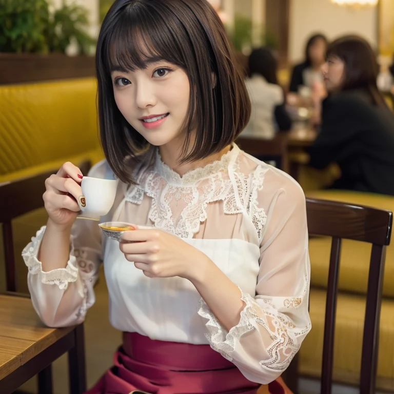 (Sensual look:1.9), ((Full Body Shot:1.9 highest quality)), (panorama:1.8), Cinema Lighting, (RAW Photos, highest quality), ( Realistic:1.4), realism, masterpiece, Very delicate and beautiful, Very detailed, 4K wallpaper, wonderful, finely, Very detailed CG unity 8k wallpaper, Very detailed, High resolution, Soft Light, Japanese, (one shot:1.9), (26 years old:1.6), Beautiful detailed woman,Famous Japanese actresses, ((Round face:1.2)), (Fat:0.8), Detailed face,Very detailed eyes and face, finelyて美しい目, (Straight Bob Hair:1.4), Shiny Hair, Brown Hair, (bangs:1.4), (Smiling:1.2), Natural Makeup, (Small breasts:0.8), Beautiful detailed girl, Very detailedな目と顔, Beautifully detailed nose, finelyて美しい目, Long, slender legs, (Lace blouse:1.4), (Long skirt:1.3), (Drinking tea at an open cafe:1.4),