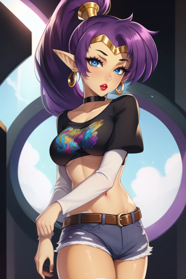 1girl,Shantae, choker, hoop earrings, high ponytail, ((tan_skin)),pointy ears,purple_hair,blue_eyes, 1girl, solo, standing, black t-shirt, white shirt, blue jeans, belt, lipstick, large breasts, layered sleeves
