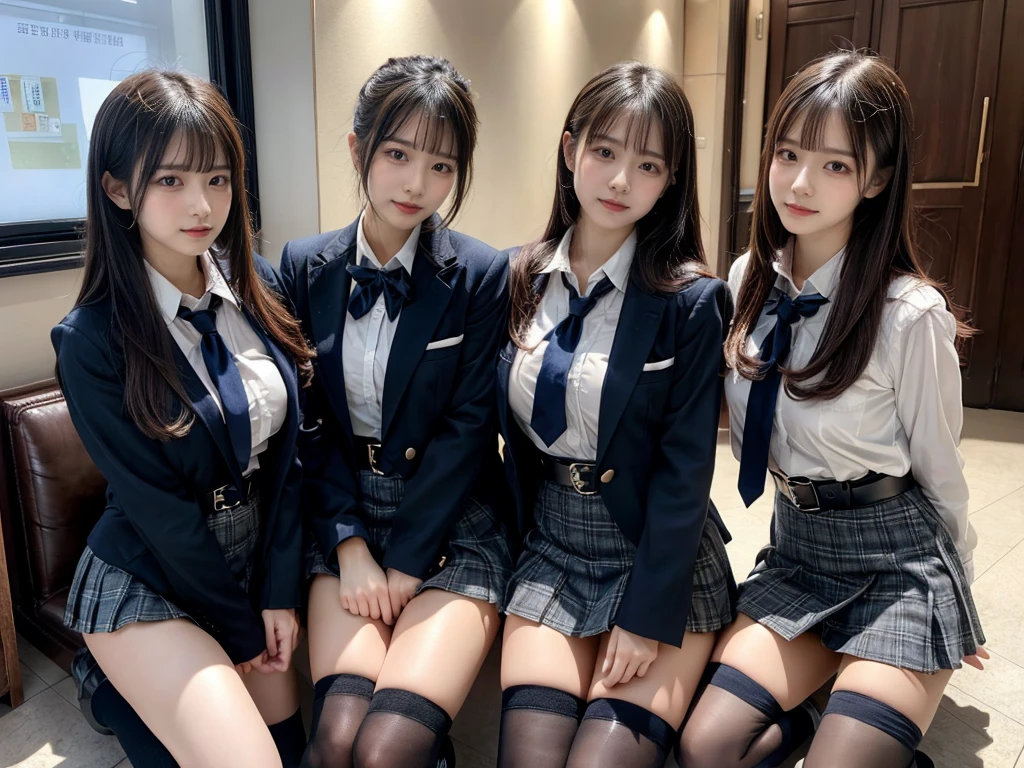 (8K, Raw photography, top-quality, masterpiece:1.2), master piece, best quality, illustration, Super detailed, fine details, High resolution, 8K,wall paper, perfect dynamic composition,(Details High quality, realistic depiction of eyes:1.3), ((2 girls, 2 schoolgirls)), The background is a luxury hotel room、High school girl uniform、blazer 、Super Short Check Uniform Skirt、Navy blue high socks、garterbelts、Colossal tits、Disturbed uniform, Play with each other,Touching each other's bodies,Touching the body of the girl next door, short bob hair, black hair color, huge breasts, Big Natural Color Lip, bold sexy pose, (perfect body shape), crying a little、cold gaze, Beautiful makeup,glitter makeup,Cutest 18 years old, beautiful legs, hposing Gravure Idol, Voluptuous thighs