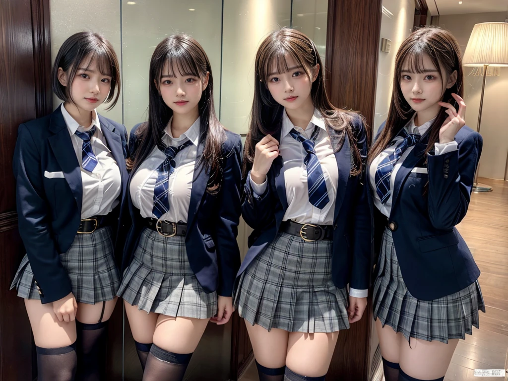 (8K, Raw photography, top-quality, masterpiece:1.2), master piece, best quality, illustration, Super detailed, fine details, High resolution, 8K,wall paper, perfect dynamic composition,(Details High quality, realistic depiction of eyes:1.3), ((2 girls, 2 schoolgirls)), The background is a luxury hotel room、High school girl uniform、blazer 、Super Short Check Uniform Skirt、Navy blue high socks、garterbelts、Colossal tits、Disturbed uniform, Play with each other,Touching each other's bodies,Touching the body of the girl next door, short bob hair, black hair color, huge breasts, Big Natural Color Lip, bold sexy pose, (perfect body shape), crying a little、cold gaze, Beautiful makeup,glitter makeup,Cutest 18 years old, beautiful legs, hposing Gravure Idol, Voluptuous thighs