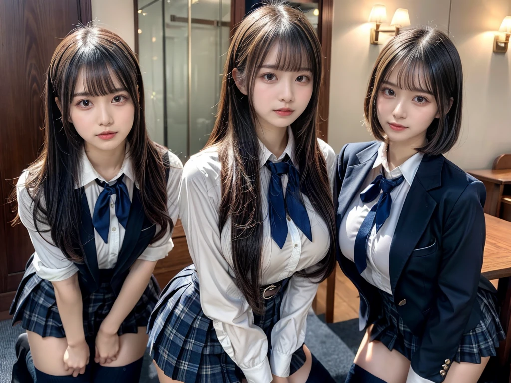 (8K, Raw photography, top-quality, masterpiece:1.2), master piece, best quality, illustration, Super detailed, fine details, High resolution, 8K,wall paper, perfect dynamic composition,(Details High quality, realistic depiction of eyes:1.3), ((2 girls, 2 schoolgirls)), The background is a luxury hotel room、High school girl uniform、blazer 、Super Short Check Uniform Skirt、Navy blue high socks、garterbelts、Colossal tits、Disturbed uniform, Play with each other,Touching each other's bodies,Touching the body of the girl next door, short bob hair, black hair color, huge breasts, Big Natural Color Lip, bold sexy pose, (perfect body shape), crying a little、cold gaze, Beautiful makeup,glitter makeup,Cutest 18 years old, beautiful legs, hposing Gravure Idol, Voluptuous thighs