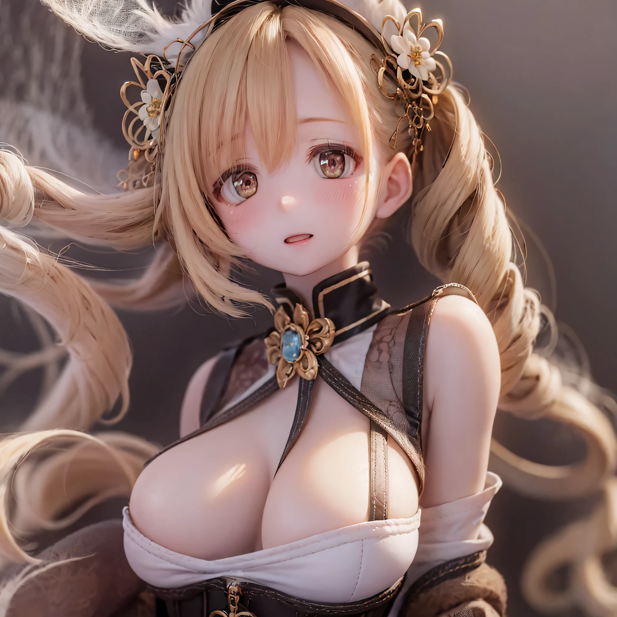 A detailed, beautiful woman with expressive eyes, a perfect face, pink long hair, golden eyes, pink lips, attention to detail, anime style, bright colors, cute, thick sensual lips, curvy sensual body, blushing face contrapposto (nude)