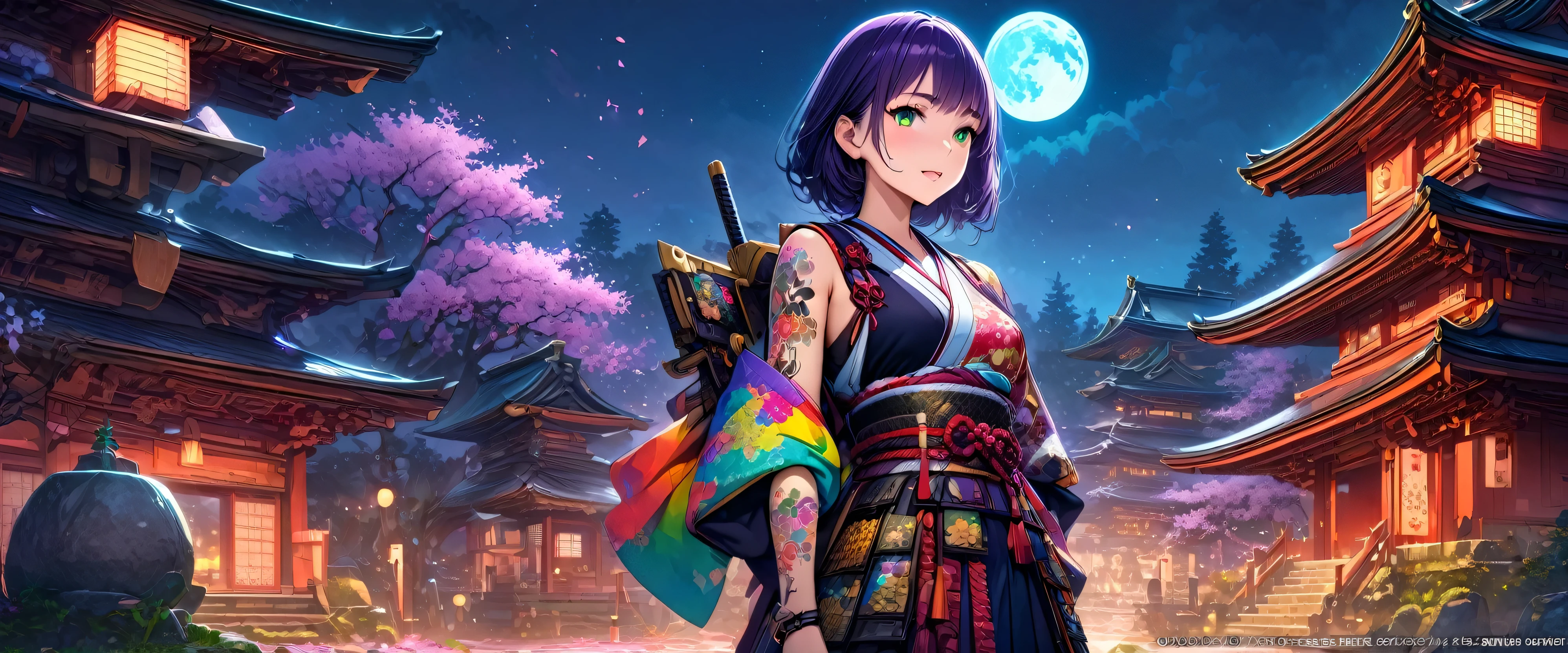 (masutepiece, of the highest quality, Best Quality, Official art, Beautiful and aesthetic:1.2),  Extremely detailed,(Colorful:1.1),highest details, one arafed woman with purple hair and green eyes, japanese tattoo sleeve on her right arm, samurai armor, sfw, japanese temple, night, blue moon