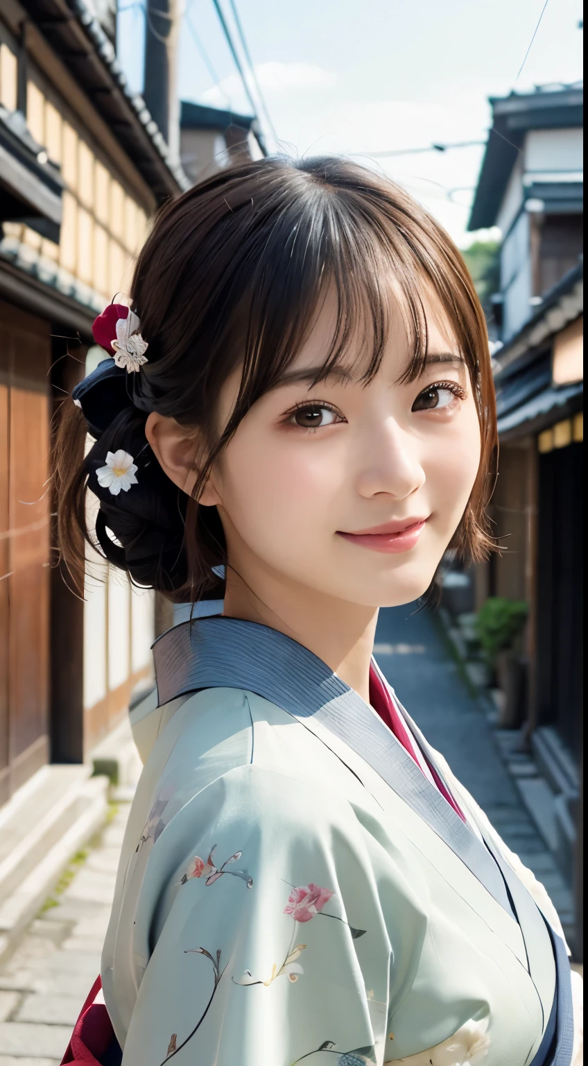 Professional Lighting,(Photorealistic:1.4), (Top image quality:1.0), (超A high resolution:1.0), 8k, Raw photography, (masterpiece:0.2), (Facing the children_v1:0.5)、(最高quality Detail:1.2)、Realistic、8K Ultra HD、High resolution、(1 girl:1.2)、超detailedな、High quality textures、複雑なdetailed、detailed、Very detailed CG、High quality shadows、detailed 美しく繊細な顔、Beautiful details and a delicate eye、(Symmetrical eyes:1.2),Written boundary depth、Ray Tracing,1 girl, Japanese Girls, (Natural smile:1.4),cute, thin, Portrait of a beautiful Japanese woman in a kimono, Standing elegantly on a street corner in Kyoto. Kimono with vibrant traditional patterns, Hair decorated with elegant and delicate hairpins, Gentle expression. (With the old streets of Kyoto in the background:1.4)、The soft light of a spring afternoon、Adding tranquility to the scene. Rendered in a Realistic style with great attention to detail, High resolutionの画像.Sky Porn, Magic Hour, (Realistic:1.3), finely, quality, (Tabletop:1.2), (Realistic:1.2), (最高quality), (複雑なdetailed), dramatic, Ray Tracing, photograph, +roller