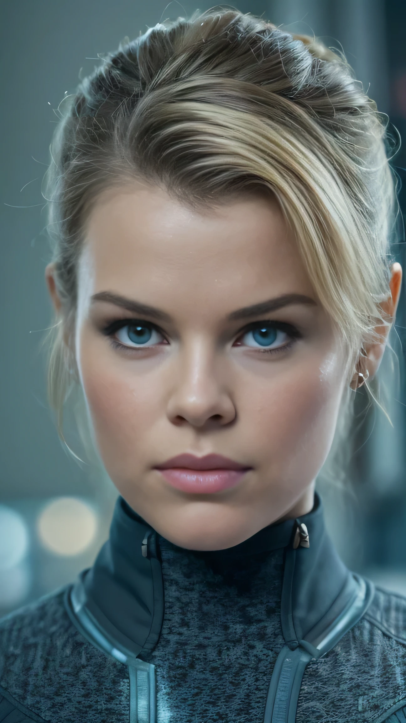 photo of Alice Eve (carol marcus from Star Trek into darkness), RAW, beautiful woman, ((full body)), ((detailed face:1.2)), ((detailed facial feature, detailed skin, clear skin), (perfect proportioned body), (short bob cut hair), (wearing star trek ev suit), (high detailed star trek environment), (realistic photo, best quality, detailed), (8k wallpaper), (cinematic lighting, dramatic lighting) (sharp focus, intricate)