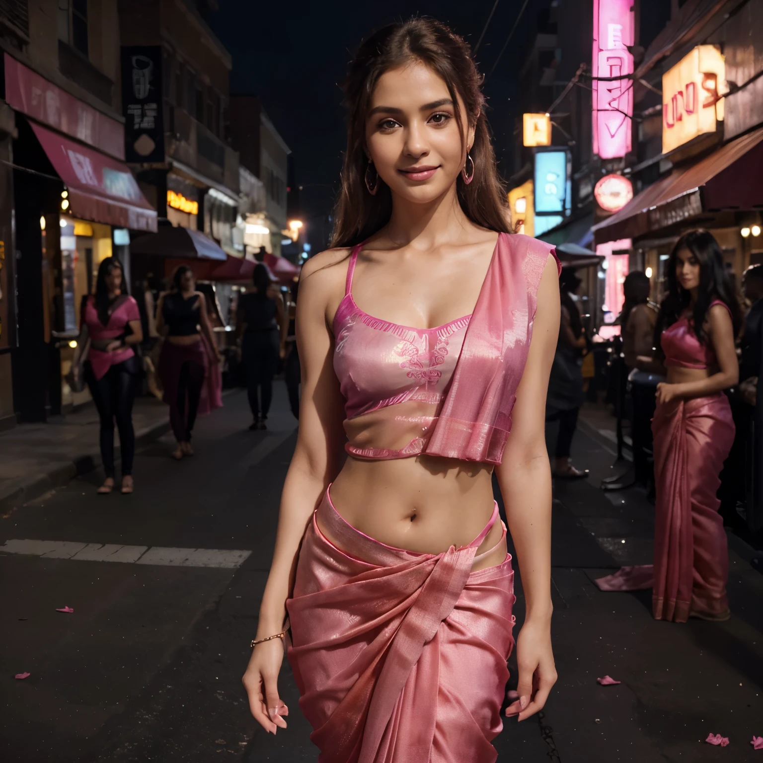 8k, masterpiece, RAW photo, best quality, photorealistic, extremely detailed CG unity 8k wallpaper, Depth of field, Cinematic Light, Lens Flare, Ray tracing, (extremely beautiful face, beautiful lips, beautiful eyes), intricate detail face, ((ultra detailed skin)) 1girl, in the dark, deep shadow, pretty indian girl, indian idol, 1 girl, (very slim slender fit-muscled body:1.3), ((looking at viewer)),(big smile:1.3), (tight laced blouse), (white color blouse), (sleeveless) , (fashion city night, dark night, (neon sign), (blurred background), fashion street night),(without people in the background:1.3), beautiful earrings, bracelets, necklace, pantyhose, clear eyes, (pale skin), (big eyes), face forward, ((upper body shot)), ((silk hot pink color saree:1.3)),(brown hairs),((tight fitting silk pants)), (looking at viewer:1.3) open breast, healthy body, medium breasts, see through blouse, transparent pants, updo hair