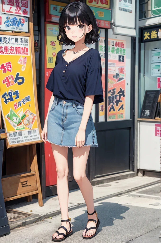 popart style,flat color,({Mia},1girl,japanese,tween,enjoy trip,(Shilin Night Market),Taiwan,night time, beautiful detailed face,BREAK,(navy hair),((wavy-short hair)),parallel eyebrows,navy eyes with large irises,blunt bangs, fresh lips,small breasts,(5feet tall)),beautiful detailed scenery,very happy, Relaxed-fit short-sleeve henley,A-line denim skirt,sandals,,dynamic angle, sharp,