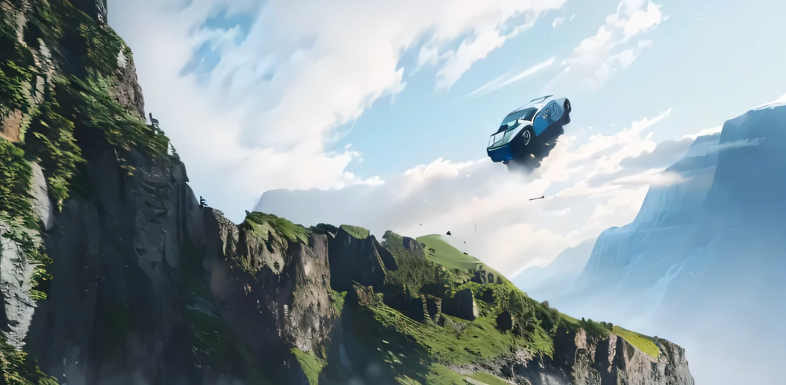 there is a car flying over a mountain with a sky background, over a cliff, highly detailed surreal vfx, falling off a cliff, looks realistic, cliffside, flying car, hyperrealistic vfx render, highly detailed vfx scene, flying cars, highly detailed vfx, flying vehicles, high quality screenshot, stunning vfx, a hyper realistic, vfx shot