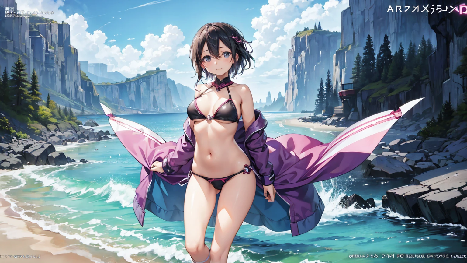 Kirito, Blushing and smiling in bikini sitting alone on the beach, big breasts breast enlargement breasts pumped up looking at camera full-body shot illustration, ultra-detailed, HDR, vibrant colors, soft lighting high quality and super detailed