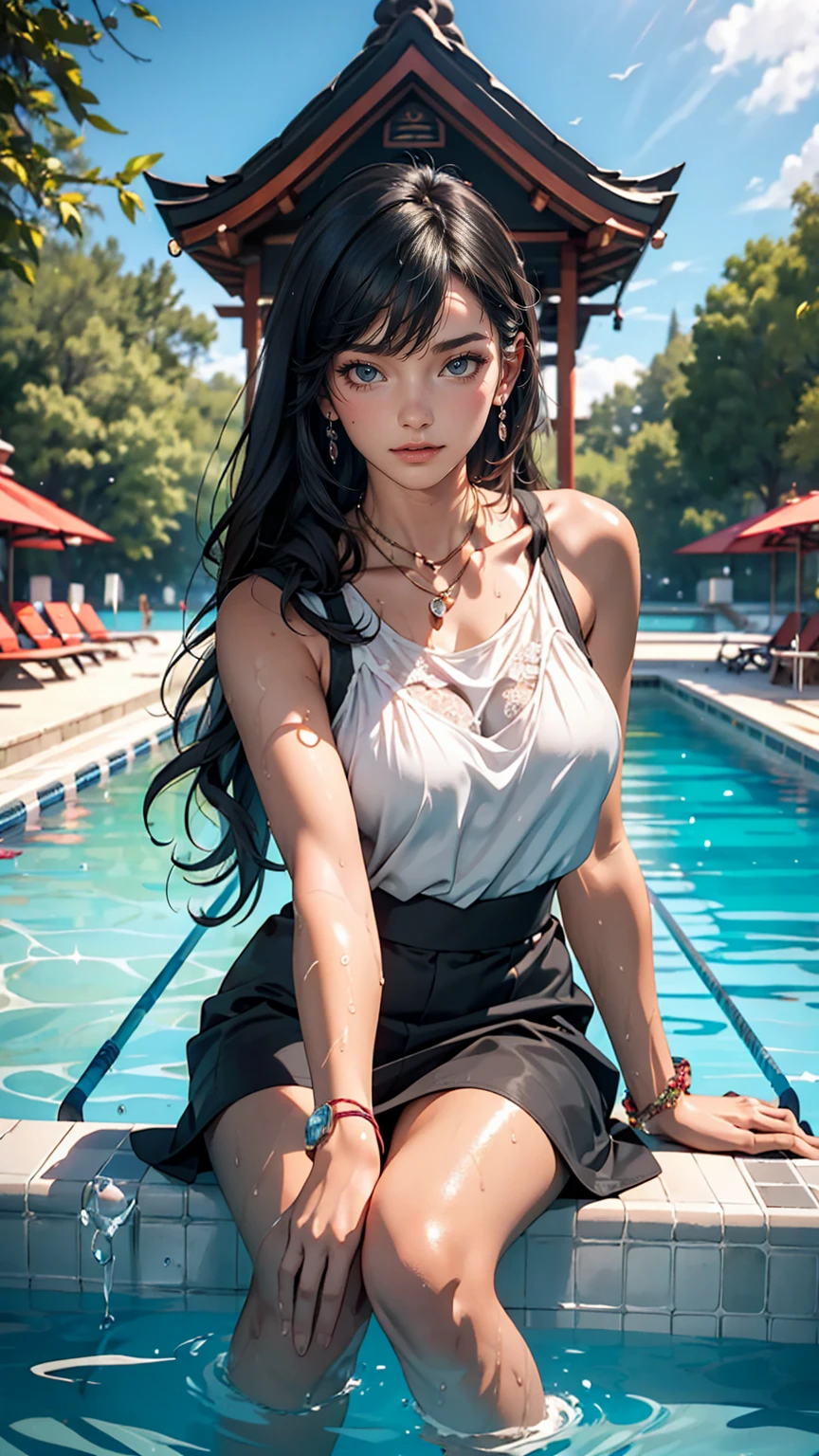 One girl, Looking at the audience, water, Pool, lake, shrine, Require