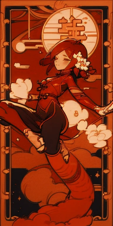 "girl in a red qipao with intricate details, traditional Chinese New Year decorations, vibrant red color palette, festive atmosphere, small firecrackers bursting with joy, iconic imagery of the Little Dragon Girl, minimalistic composition"