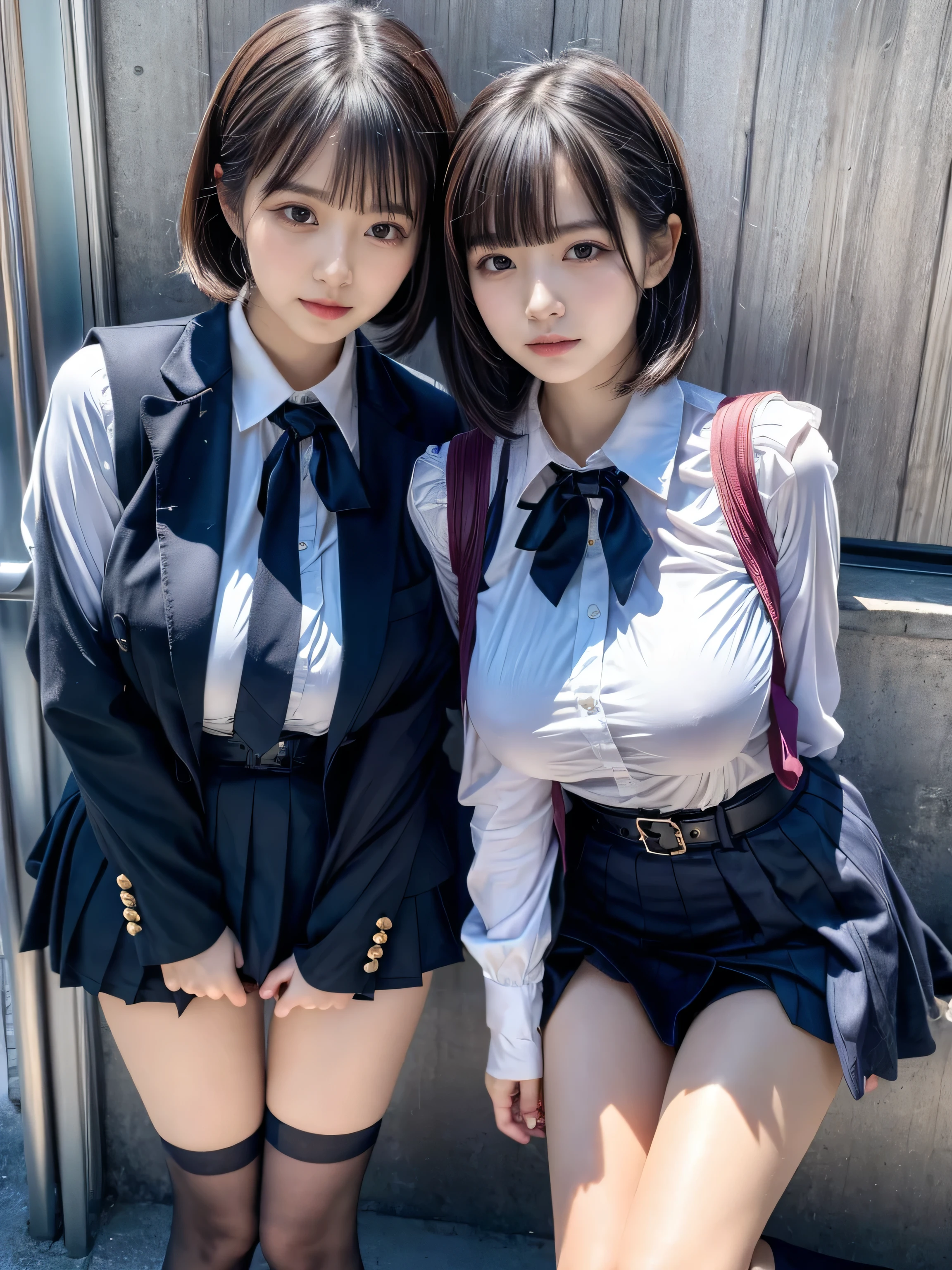 (8K, Raw photography, top-quality, masterpiece:1.2), muster piece, best quality, illustration, Super detailed, fine details, High resolution, 8K,wall paper, perfect dynamic composition,(Details High quality, realistic depiction of eyes:1.3), ((2 girls, 2 schoolgirls)), The background is a luxury hotel room、High school girl uniform、blazer 、Super Short Check Uniform Skirt、Navy blue high socks、garterbelts、Colossal tits、Disturbed uniform, Play with each other,Touching each other's bodies,Touching the body of the girl next door, short bob hair, black hair color, huge breasts, Big Natural Color Lip, bold sexy pose, (perfect body shape), crying a little、cold gaze, Beautiful makeup,glitter makeup,Cutest 18 years old、 beautiful legs, hposing Gravure Idol, Voluptuous thighs