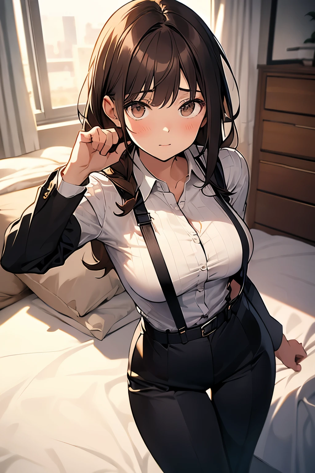 Brown Hair、Staring at the audience Black suspenders bulging big breasts wall: Black trousers sight Small face holster Beautiful woman Show your hand Lying in bed sight Taunt side side汗 arm Dress shirt Black Suit suit belt