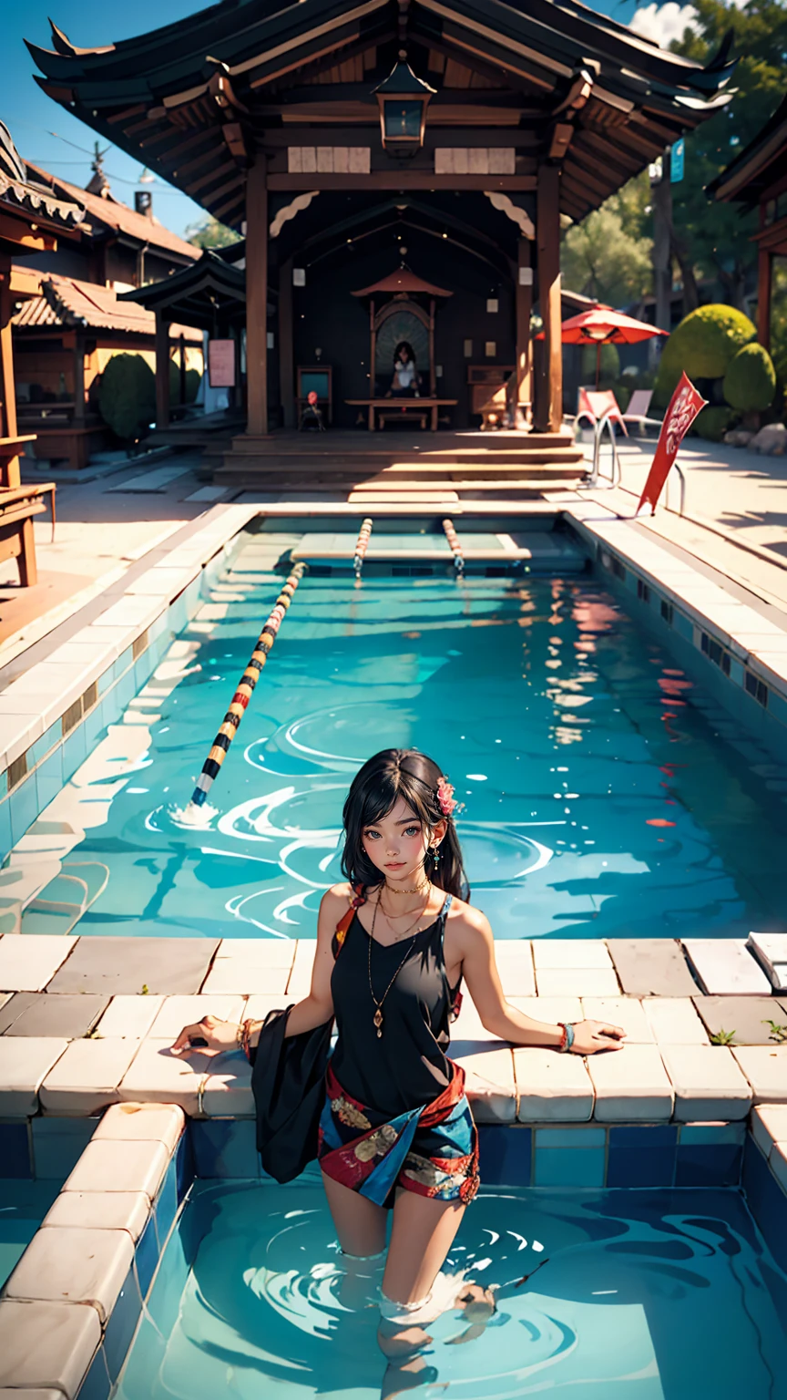 One girl, Looking at the audience, water, Pool, lake, shrine, Require