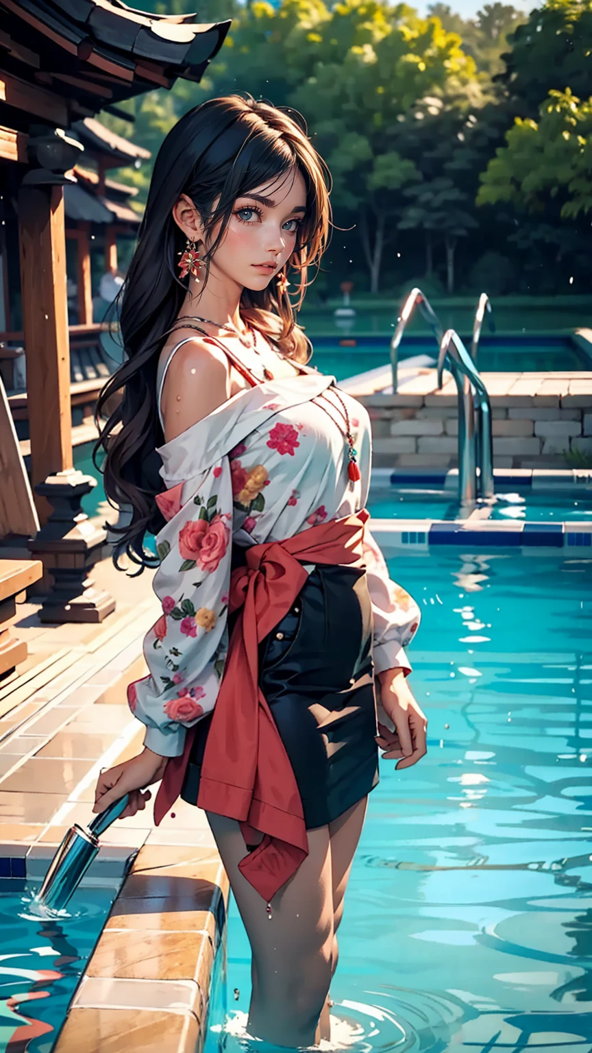 One girl, Looking at the audience, water, Pool, lake, shrine, Require