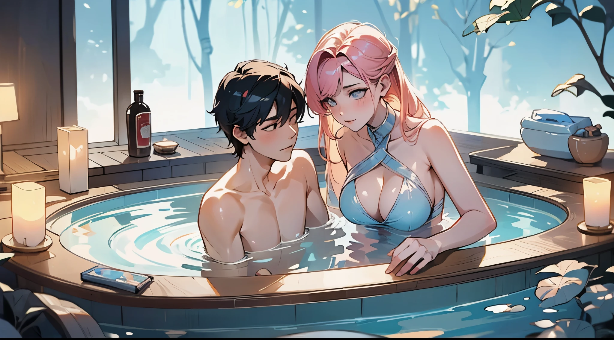 (best quality), ((masterpiece)), (high resolution), A beautiful woman and a man are taking a hot spring bath，Undress，Maximum chest，Maximum 下垂，Clear water