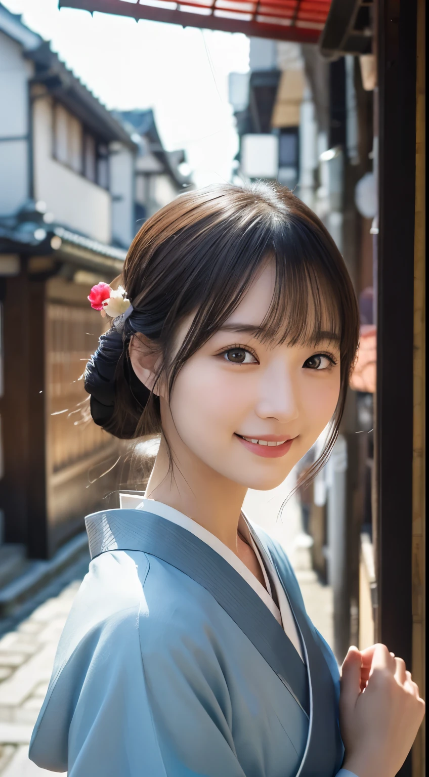 Professional Lighting,(Photorealistic:1.4), (Top image quality:1.0), (超A high resolution:1.0), 8k, Raw photography, (masterpiece:0.2), (Facing the children_v1:0.5)、(最高quality Detail:1.2)、Realistic、8K Ultra HD、High resolution、(1 girl:1.2)、超detailedな、High quality textures、複雑なdetailed、detailed、Very detailed CG、High quality shadows、detailed 美しく繊細な顔、Beautiful details and a delicate eye、(Symmetrical eyes:1.2),Written boundary depth、Ray Tracing,1 girl, Japanese Girls, (Natural smile:1.4),cute, thin, Portrait of a beautiful Japanese woman in a kimono, Standing elegantly on a street corner in Kyoto. Kimono with vibrant traditional patterns, Hair decorated with elegant and delicate hairpins, Gentle expression. (With the old streets of Kyoto in the background:1.4)、The soft light of a spring afternoon、Adding tranquility to the scene. Rendered in a Realistic style with great attention to detail, High resolutionの画像.Sky Porn, Magic Hour, (Realistic:1.3), finely, quality, (Tabletop:1.2), (Realistic:1.2), (最高quality), (複雑なdetailed), dramatic, Ray Tracing, photograph, +roller