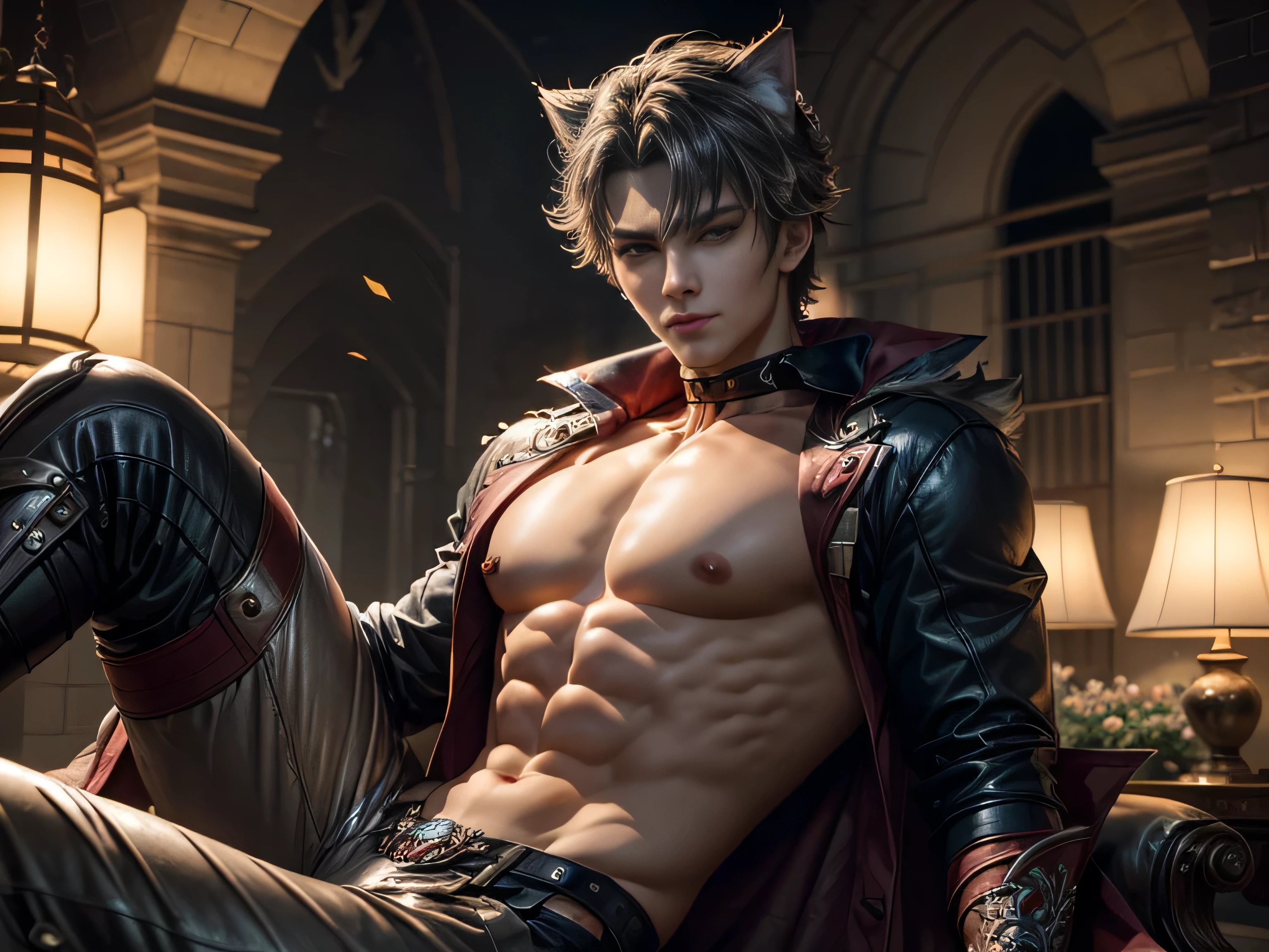(Best Quality, 8K, Masterpiece, HDR, Soft Lighting, Picture Perfect, Realistic, Vivid), There is a garden with blue and pink flowers, there is a handsome man with cat ears lying on the grass, he has beautiful gray eyes and a kind smile, dark hair, he has a naked torso with a perfect body and black leather pants with military boots, he is stroking little cute foxes lying on the chest, (ultra high quality fantasy art, majestic fantasy style, masterpiece, ultra high quality male character design, 8k quality anime art, realistic anime art, highest quality wallpaper illustration, detailed ultra high quality accurate male face, high quality design and accurate physics , male character)(ultra high quality fantasy art, dark fantasy style, masterpiece, ultra high quality character design, 8k quality anime art , Realistic Anime Art, Highest Quality Wallpaper Illustration, Detailed Ultra High Quality Accurate Face, High Quality Design and Accurate Physics), Color Difference, Depth of Field, Dramatic Shadows, Ray Tracing, Best Quality, Highly Detailed CG, 8K Wallpapers, [Carefully Rendered hair [Read more about beautiful and shiny hair]] ,(Perfect hand detail [Beautiful fingers without breakage [Beautiful nails]],(Perfect anatomy (Perfect proportions)) [[Resembles the whole body]],[Perfect color combination (Accurate simulation of interaction light and material)], [Visual art that conveys the meaning of history]
