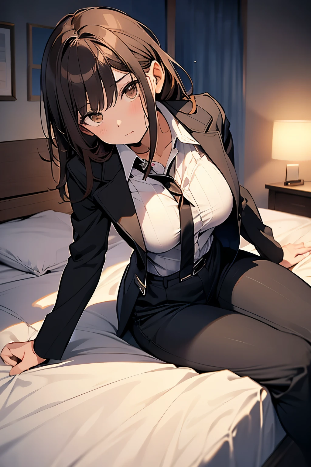 Brown Hair、Staring at the audience Black suspenders bulging big breasts wall: Black trousers sight Small face holster Beautiful woman Show your hand Lying in bed sight Taunt side side汗 arm Dress shirt Black Suit suit belt