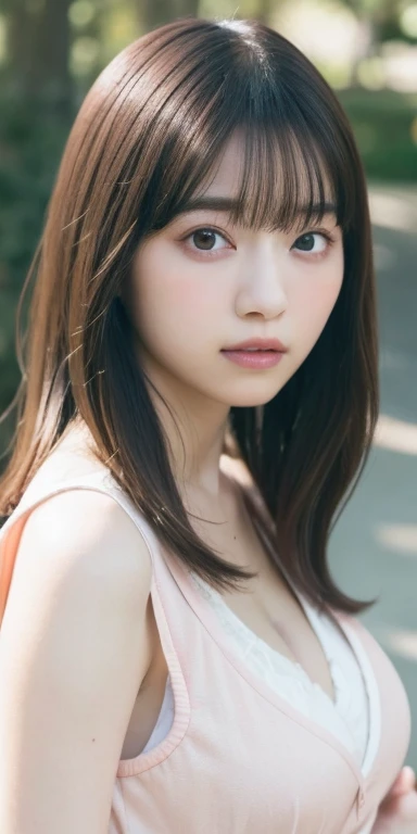 masterpiece, highest quality, 8k, 20th Generation, Big Breasts, cute, alone, sad, cute, Girlish, cute、Delicate girl, Pure beauty, RAW Photos, Professional photography, Portraiture, Soft Light, Professional Lighting, Backlight, Upper Body, avert your eyes, Sophisticated, Film Grain, (Round face、Young Face、Thin eyebrows、Thin lips:1.0), Floating Hair, beautiful, Flowing hair, bangs, White blouse、pastel cardigan、(Big Breasts:1.2)、I can see a little cleavage、dolly make、Heterochromia iridis、Left and right eyes are different colors