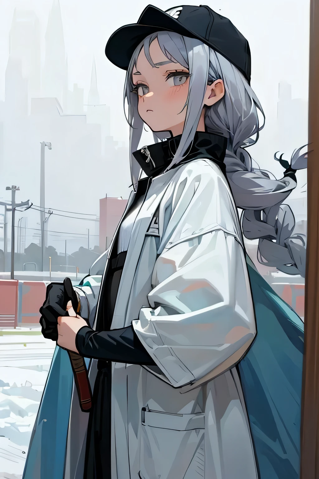 (masterpiece),(最high quality),Fair-skinned  anime female character wearing a sci-fi baseball uniform,  physique, Flat Chest,Hunchback, ,1 person, Baseball hats, Coat with boa,world１Beautiful girl, Voluminous white eyelashes, Gray eyes, emotionless expression,expressionless,voluminous hair,braid,Voluminous braids,Gray Hair, short bangs,Anime Moe Art Style, Anime Girl, Young Anime Woman, Snowy baseball field, Gloomy sky,high quality,