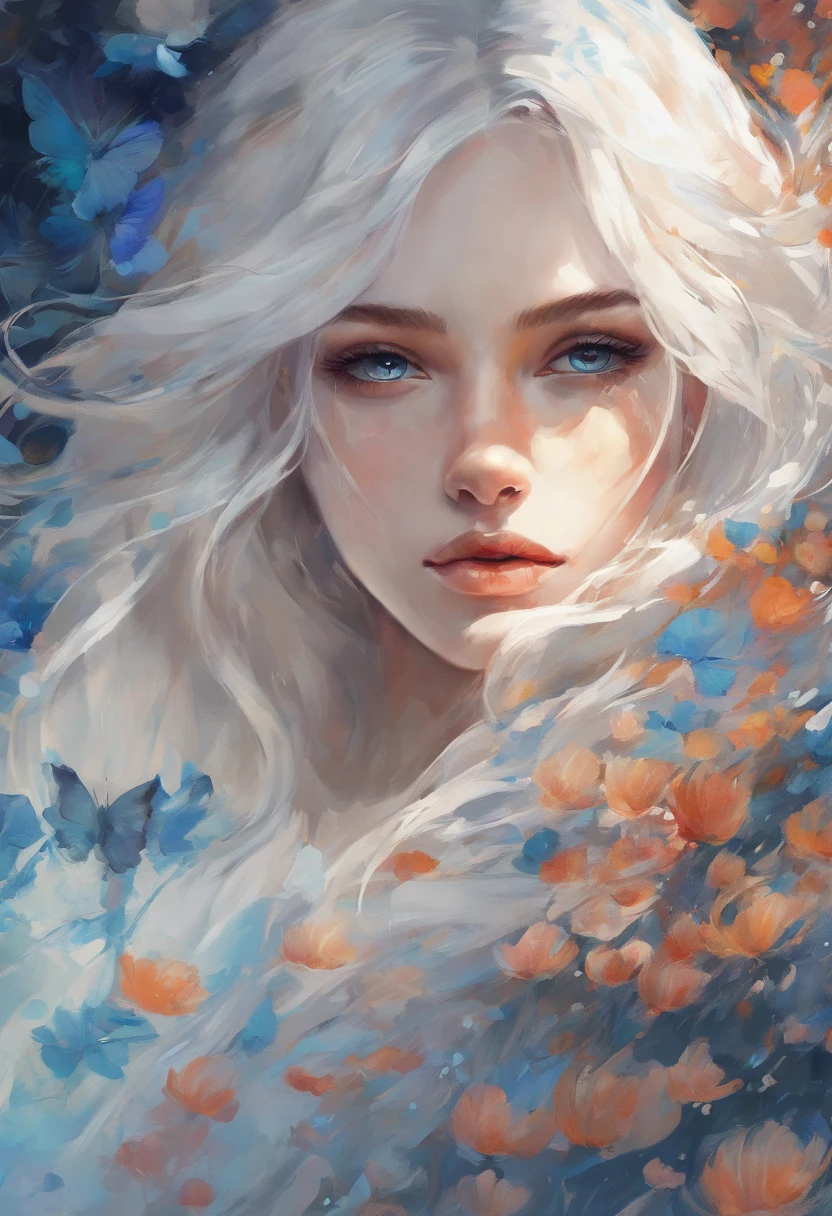 High quality, 8k, A masterpiece, high art, (watercolor, painting) Large spots, splashes of color, edges tearing,, dance of color, (magic, (magic of color dynamics) ), master's work, dynamics of seeds (at the edges), very beautiful, portrait. /A sharp turn to To me, a clear gaze (eye to eye) , Long hair, blue eyes, blue eyes, white hair, blonde, cute face, tanned skin, smooth tanned skin, /stands, in profile, I looked around sharply, (my lower focus) Looking at us (Look at me, He looks over his shoulder, / very beautiful, a masterpiece./Perfect centralization, Fantastic black goldfish, happiness, standing position, abstract beauty, centered, looking at the camera, Facing the camera, approaching perfection, Dynamic, very detailed, seeds, sharp focus, 8K, a high resolution, illustration, art by Karn Griffiths and Vadim Kashin, Goldfish Character, background with visible brush strokes, background with fragmented flowers, bright colors, background with ink nebulae, 17-year-old girl with sexy appearance, fleshy lips, Paraguayan, Brazilian, eyes blue colors, Long and beautiful, White hair