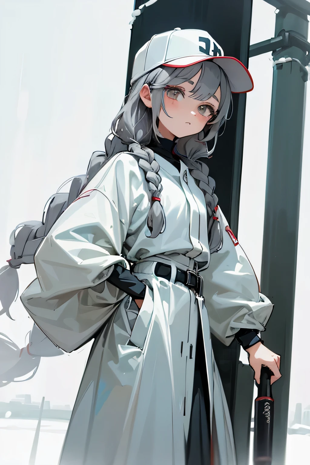 (masterpiece),(最high quality),Fair-skinned anime female character wearing a sci-fi baseball uniform, physique, Flat Chest,Hunchback, ,1 person, Baseball hats, Coat with boa,world1Beautiful girl, Voluminous white eyelashes, Gray eyes, emotionless expression,expressionless,voluminous hair,braid,Voluminous braids,Gray Hair, short bangs,Anime Moe Art Style, Anime Girl, Young Anime Woman, Snowy baseball field, Gloomy sky,high quality,