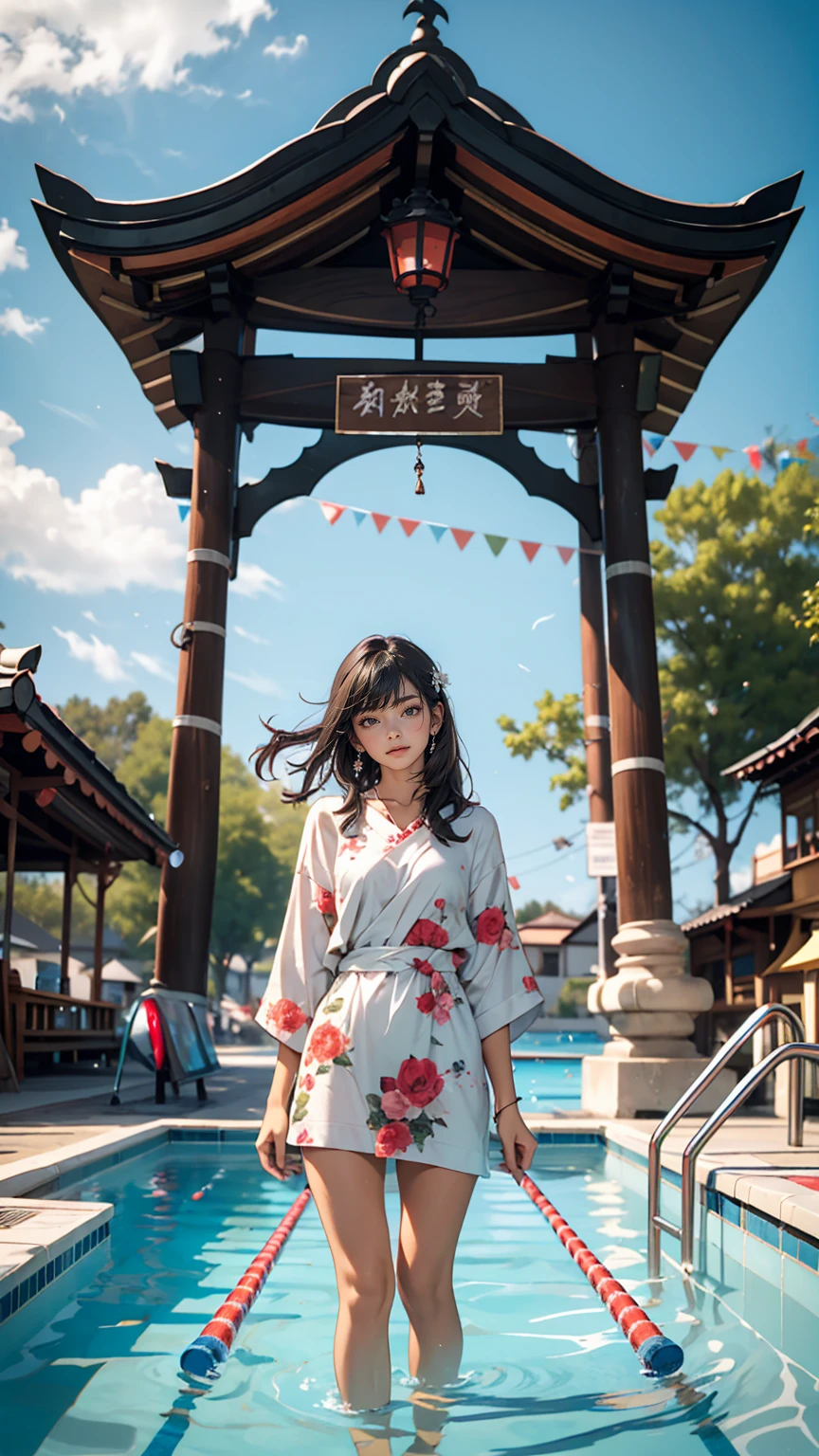 One girl, Looking at the audience, water, Pool, lake, shrine, Require
