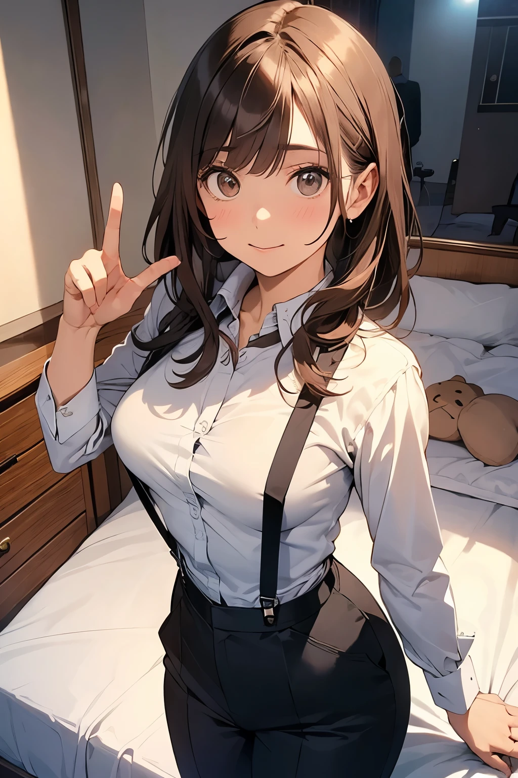 Brown Hair、Staring at the audience Black suspenders bulging big breasts wall: Black trousers sight Small face holster Beautiful woman Show your hand Lying in bed sight Taunt side side汗 arm Dress shirt Black Suit suit belt