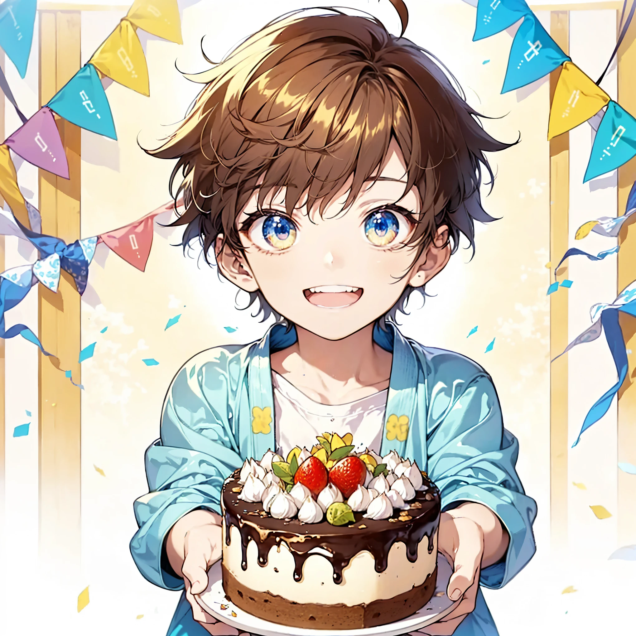 A cute anime-style young boy offering a cake. The boy has a cheerful expression, large sparkling eyes, and is wearing casual clothes. He is standing with the cake in both hands, extending it forward. The cake is decorated with colorful candles and frosting, looking festive and inviting. The background features celebratory ribbons and a cheerful atmosphere,(detailed eyes),masterpiece