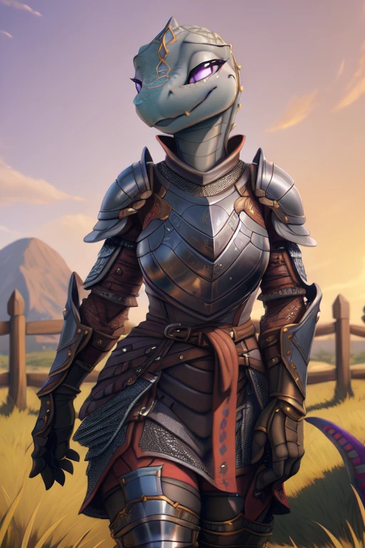 8k, fine details, (ultra detailed), a beautiful and detailed full size portrait of a female anthro salamander (((grey body, grey skin))), purple eyes, lizard eyes, tail, bedroom eyes, High Dynamic Range, cinematic shot, detailed eyes, big body goddess, kenket, Ross Tran,ruan jia, vip, trending on artstation,foxovh, cenematic lighting, big breaths,1girl, looking at viewer, (((metal breastplate armor, gamberson, gloves, )) full body, front view, standing,, grass field, fence, outside, detailed background, feral:1.2),(walkingwake:1.3), female focus, 8k wuality, ultra realistic, 3d render, digital art, beautiful and detailed portrait of a female lizard, hi res,soft shading,good anatomy, tail, (posing:1.3), (soft shading), 4k, hi res, ((detailed face, detailed)), by zackarry911, by zaush, (by personalami:0.5), looking at viewer, uploaded on e621, explicit content, 3d, cutesexyrobutts, hioshiru, (bastika, cutesexyrobutts, hioshiru), ((masterpiece)), ((best quality)), ((cinematic lighting)), ((countershading)), ((detailed background)), y kenket, Ross Tran, ruan jia, zaush, foxovh, by Zackary911, by hyattlen, by teranen, by fumiko, by Pixelsketcher, by Bayard Wu, by Thomas Benjamin Kennington, by Einshelm, by Kilinah, by Coffeesoda, by Hioshiru, by fluff-kevlar, by r-mk, dragonborn, medieval, fantasy, solo, fantasy, female, dragon, (((smug,))), big eyes, raptor feets, lizard tail, outdoors, anthro, thick thighs, wide hips, wide hips, huge thighs, clothed, cleavage, big hips, curvy, close up, big thighs, bottom-heavy, standing, close up, armor plate, gauntlets, fantasy, knight, dragonborn \(dnd\), reptile, scalie, two horns, ((hip armor, chainmail, armored dress, full armor, tabard)), tall, female, volumetric lighting, skygracer, by skygracer, by kenket, Ross Tran, ruan jia, zaush, foxovh, by Zackary911, by hyattlen, by teranen, by fumiko, by Pixelsketcher, by Bayard Wu, by Thomas Benjamin Kennington, by Einshelm, by Kilinah, by Coffeesoda, by Hioshiru,