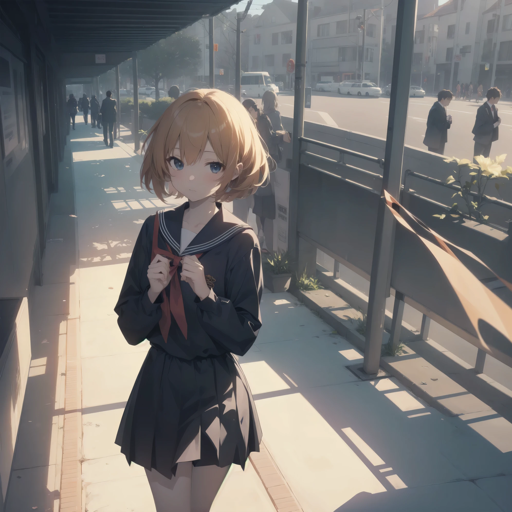 ultra-absurdres-Top quality by artist God, ultra-detailed, high resolution, anime moe artstyle, best anime 8k konachan wallpaper, pixiv contest winner, pool:2810, perfect anatomy,break, 1girl, (Please draw a girl walking sleepily to school alone. )break,(Solo,little female, 13-year-old:1.3),Full limbs, complete fingers,a junior high school student, (very short hair), short cut, flat chest, , small butt, small black eyes, beautiful detailed eyes, well-proportioned iris and pupils, expressive eyes, highres detailed hair, soft expression, salor school_uniform, sailor collar, serahuku, bow, pleated skirt,(Detailed Lighting), (Detailed background), in the School commute route. break,super detailed skin, Best cinematic lighting powered by famous artist, 8k,beauty illustration,photoshop_(medium),very aesthetic,break,((artist:ichimi )), artist:clamp ,artist:carnelian ,artist:kantoku ,