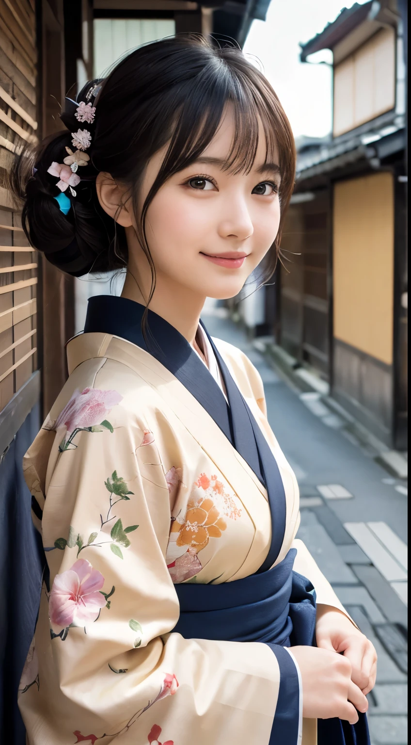 Professional Lighting,(Photorealistic:1.4), (Top image quality:1.0), (超A high resolution:1.0), 8k, Raw photography, (masterpiece:0.2), (Facing the children_v1:0.5)、(最高quality Detail:1.2)、Realistic、8K Ultra HD、High resolution、(1 girl:1.2)、超detailedな、High quality textures、複雑なdetailed、detailed、Very detailed CG、High quality shadows、detailed 美しく繊細な顔、Beautiful details and a delicate eye、(Symmetrical eyes:1.2),Written boundary depth、Ray Tracing,1 girl, Japanese Girls, (Natural smile:1.4),cute, thin, Portrait of a beautiful Japanese woman in a kimono, Standing elegantly on a street corner in Kyoto. Kimono with vibrant traditional patterns, Hair decorated with elegant and delicate hairpins, Gentle expression. (With the old streets of Kyoto in the background:1.4)、The soft light of a spring afternoon、Adding tranquility to the scene. Rendered in a Realistic style with great attention to detail, High resolutionの画像.Sky Porn, Magic Hour, (Realistic:1.3), finely, quality, (Tabletop:1.2), (Realistic:1.2), (最高quality), (複雑なdetailed), dramatic, Ray Tracing, photograph, +roller