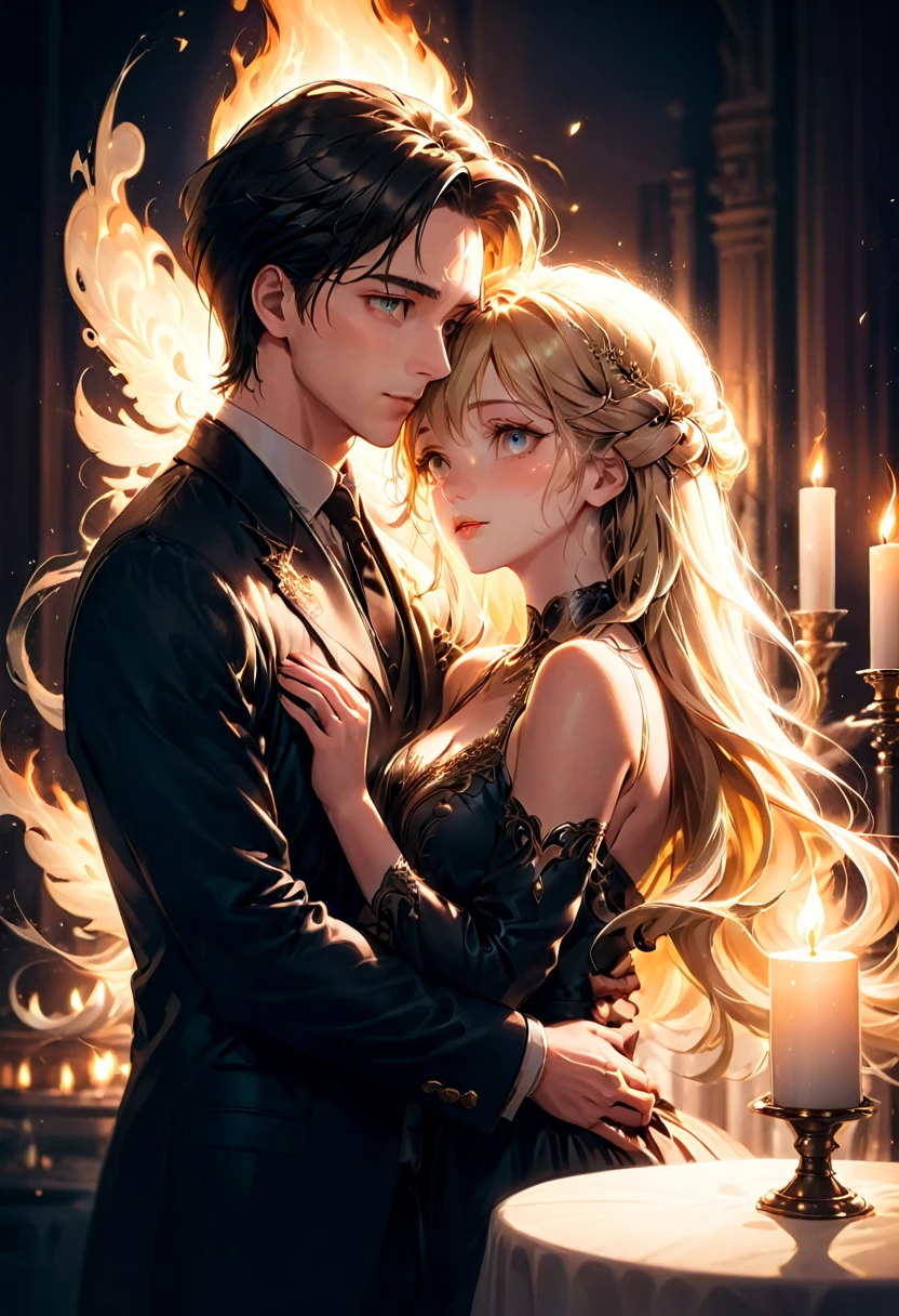 Couple Photo, aesthetic, a romantic couple, beautiful detailed eyes, beautiful detailed lips, extremely detailed face, long eyelashes, intimate embrace, affectionate lovers, romantic date, soft lighting, candlelight, warm colors, golden hour, cinematic, professional, photorealistic, 8k, high quality, masterpiece