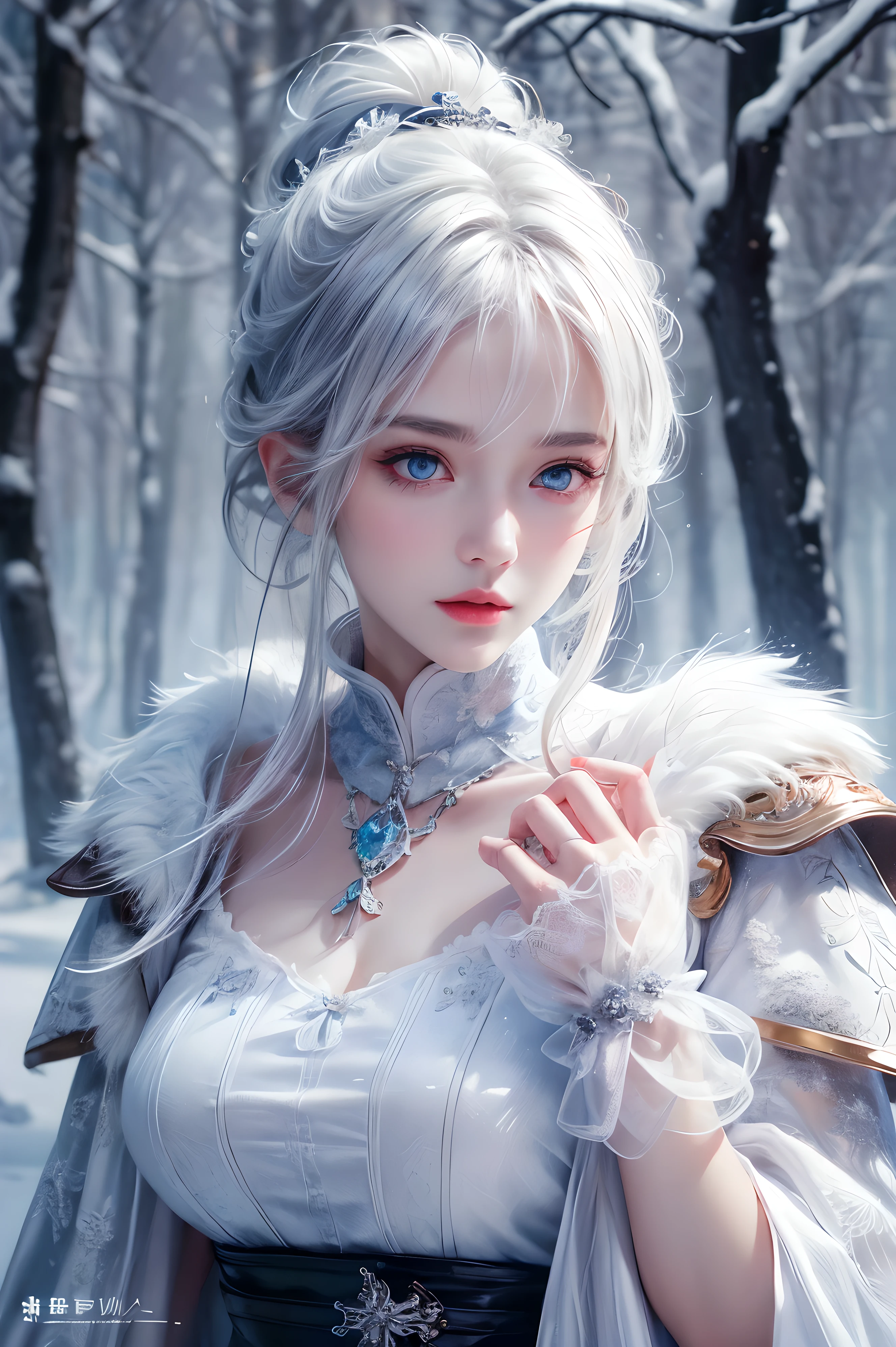 Practical, high resolution, 1 female, Solitary, (Lolita clothing),Luxury Clothing,For the audience,Upper Body,Upper limbs, beautiful eyes, white hair, ringed eyes, (external,heavy snow,Cloak,Covered with snow),Snowfield,blue eyes,Top quality illustrations,Detailed facial features